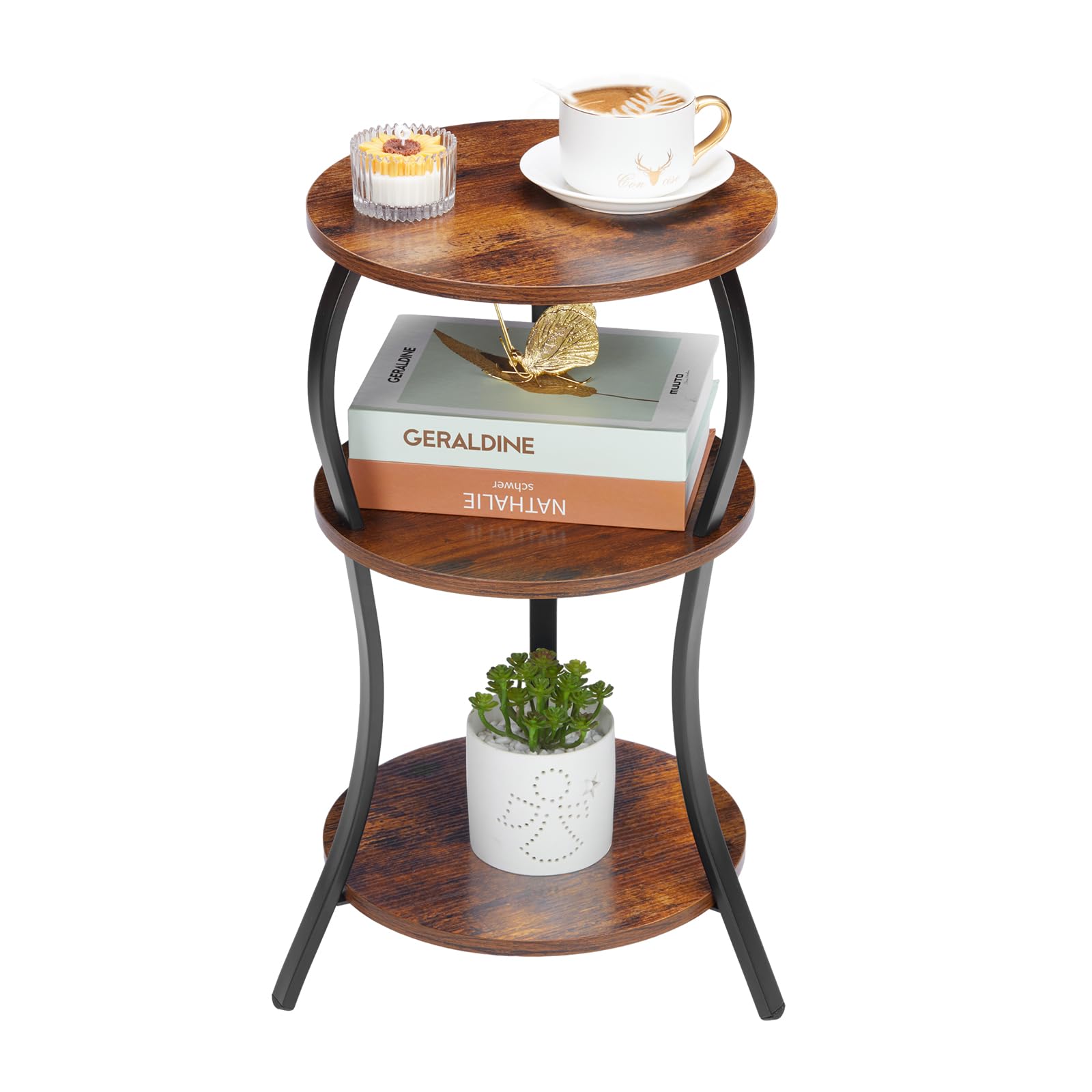 Vintage Small Round Side Table, 3-Tier Slim Waist Circular End Table with Storage Shelf, Compact Tea Sofa Table, Round Corner Co