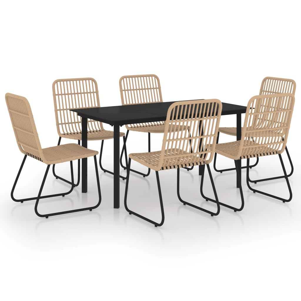 vidaXL 7-Piece Modern Patio Dining Set with Poly Rattan Chairs and Glass Tabletop - Oak and Black
