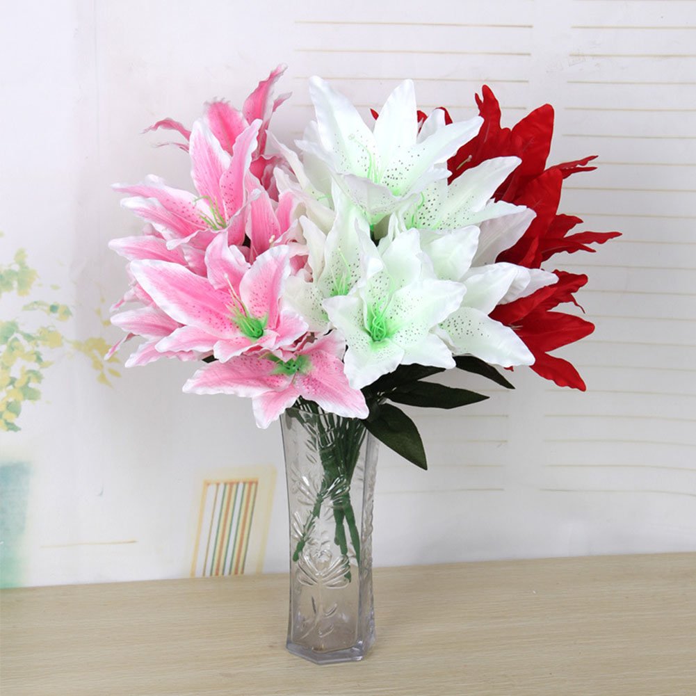 Artfen Artificial Lily 10 Heads Fake Lily Artificial Flower Wedding Party Decor Bouquet Home Hotel Office Garden Craft Art Decor