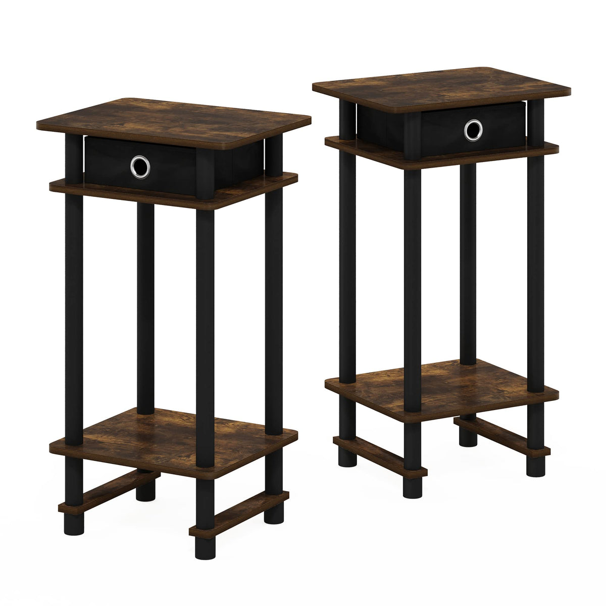 Furinno Turn-N-Tube Tall End Side Night Stand/Bedside Table with Bin Drawer, 2-Pack, Amber Pine/Black/Black