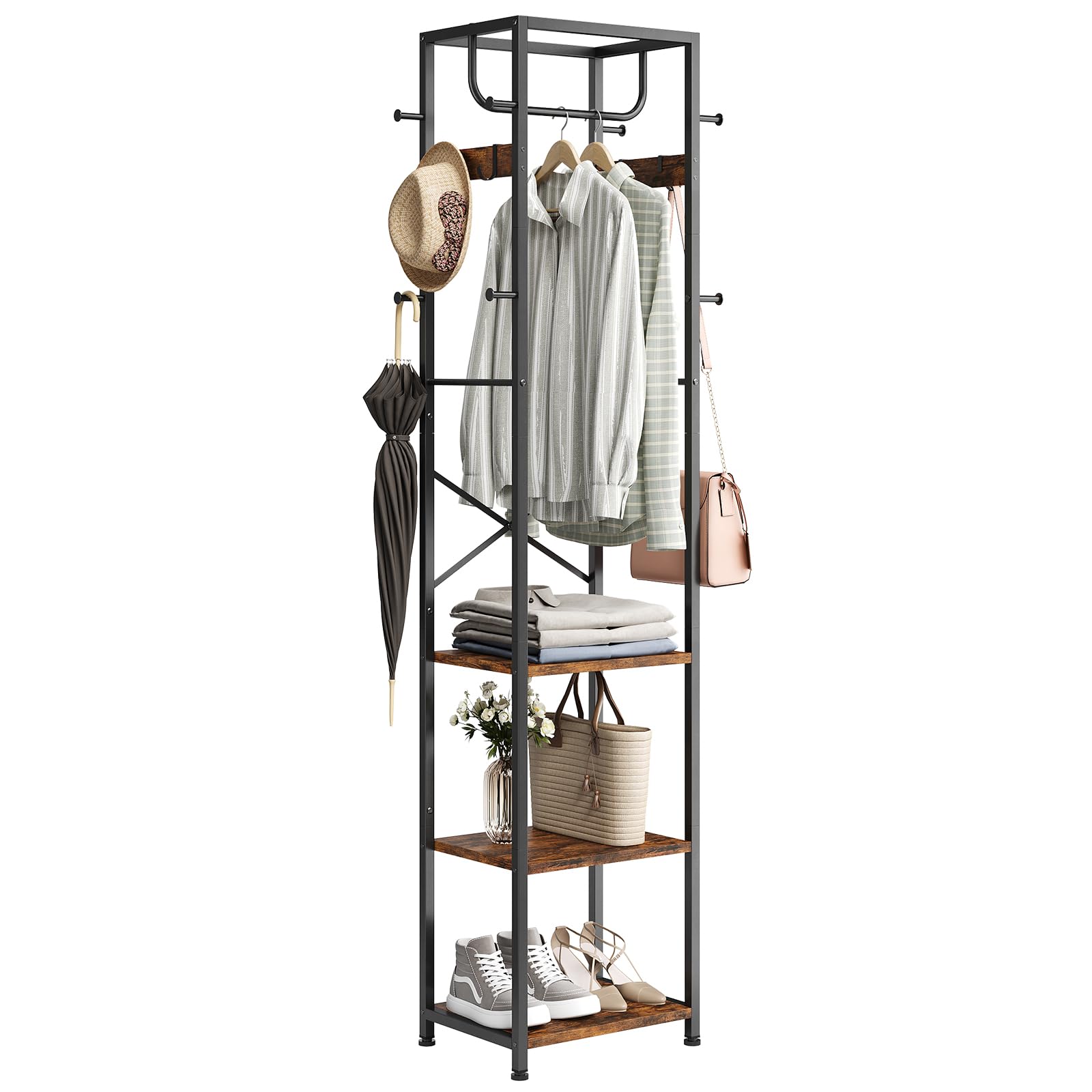 ELYKEN Coat Rack Freestanding, Hall Tree with 3 Storage Shelves and 12 Hooks, Industrial Clothes Rack Stand Organizer for Bedroo