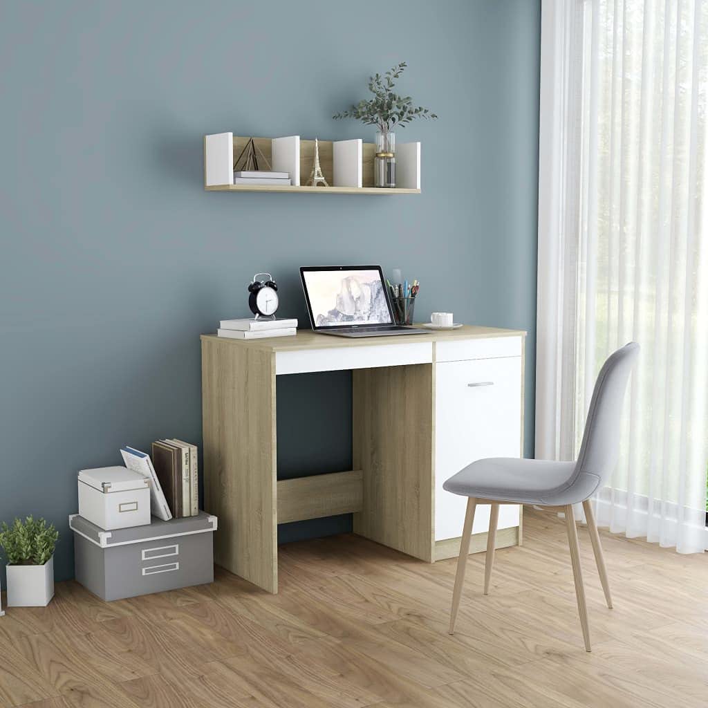 vidaXL Sleek Desk, White and Sonoma Oak Finish, Engineered Wood Construction, Integrated Storage Cabinet, Modern Scandinavian Design, 39.4”x19.7”x29.9”