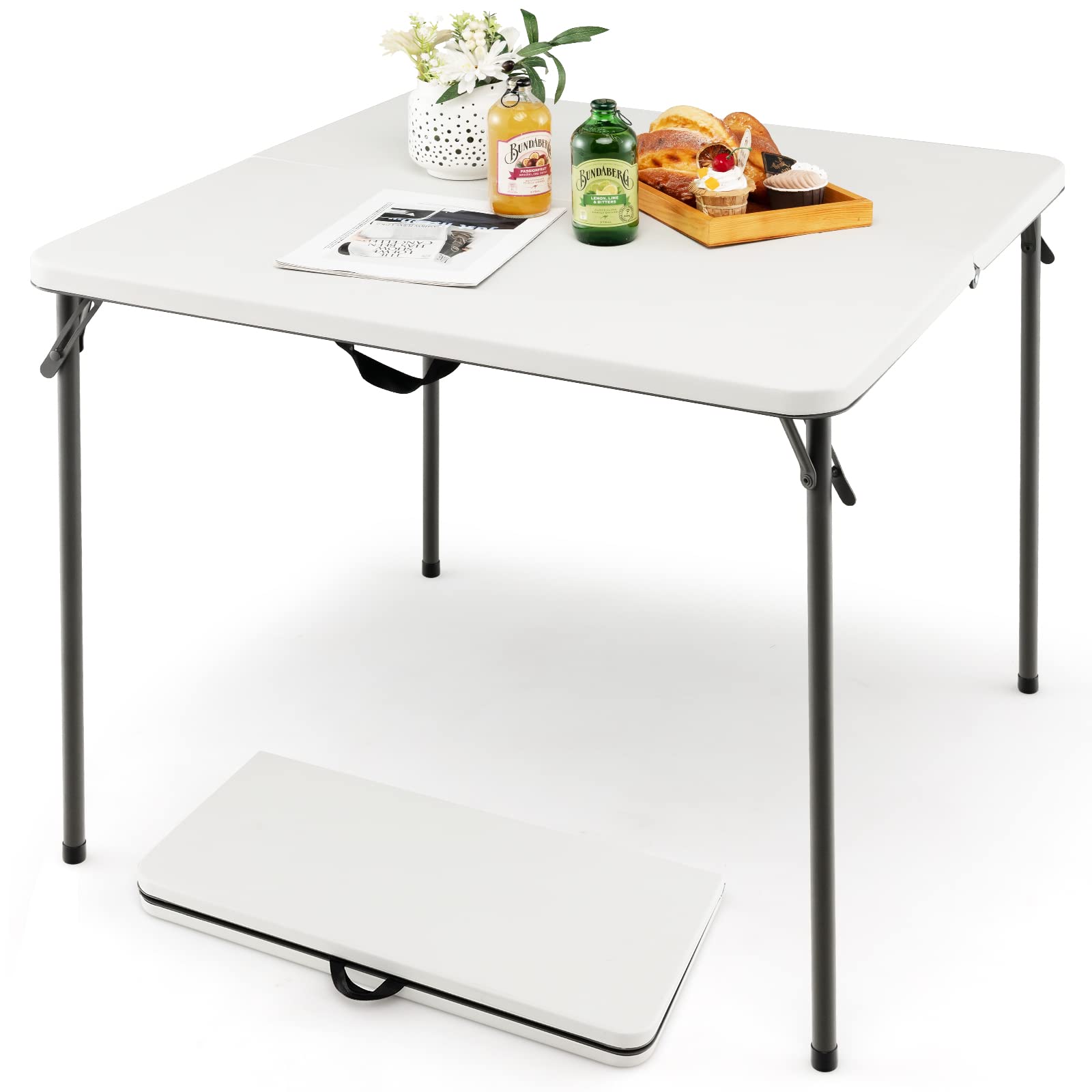 Goplus 34' Square Folding Card Table, Foldable Plastic Folding Tables, Portable Fold Up Table W/Handle, White Indoor Outdoor Utility Bi-Folding Commercial Table For Picnic, Party, Dining, Camping, Bbq