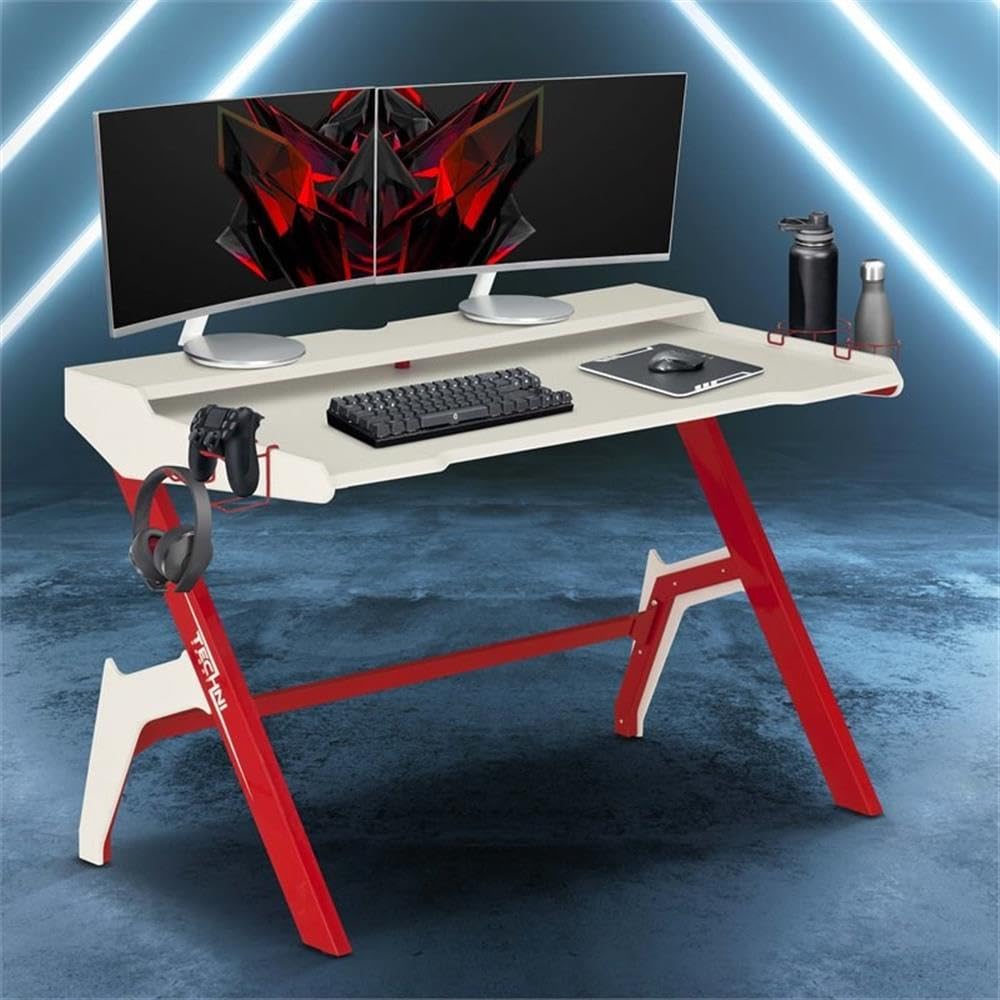 Techni Sport Computer Gaming Desk with Cupholder and Headphone Hook, Small Laptop Table for Home and Office, Red