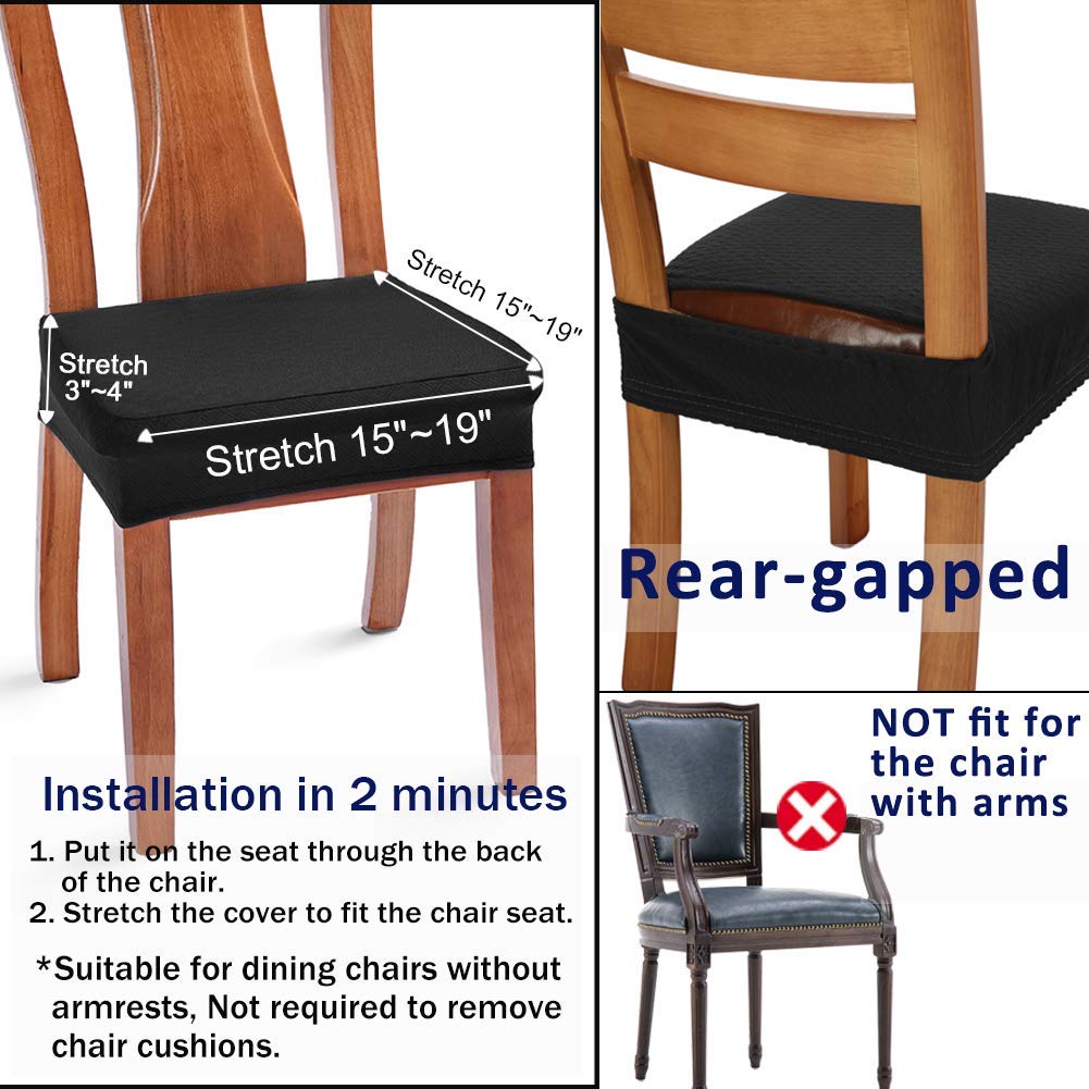 Buyue Fast Installation Dining Room Chair Covers Set Of 6, Luxury Stretch Jacquard Seat Slipcovers For Kitchen Armless Chairs, Rear Gapped- Black- 6