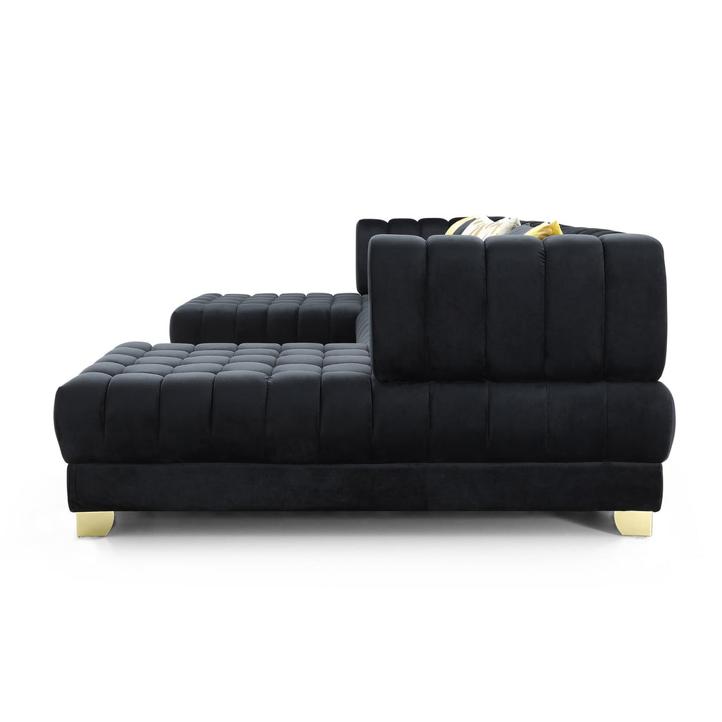Better Home Products Marigold Velvet U-Shaped Double Chaise Sectional Sofa - 140" Large Couch with 6 Pillows & Gold Legs for Your Living Room, Fully Tufted Firm & Deep (Black)