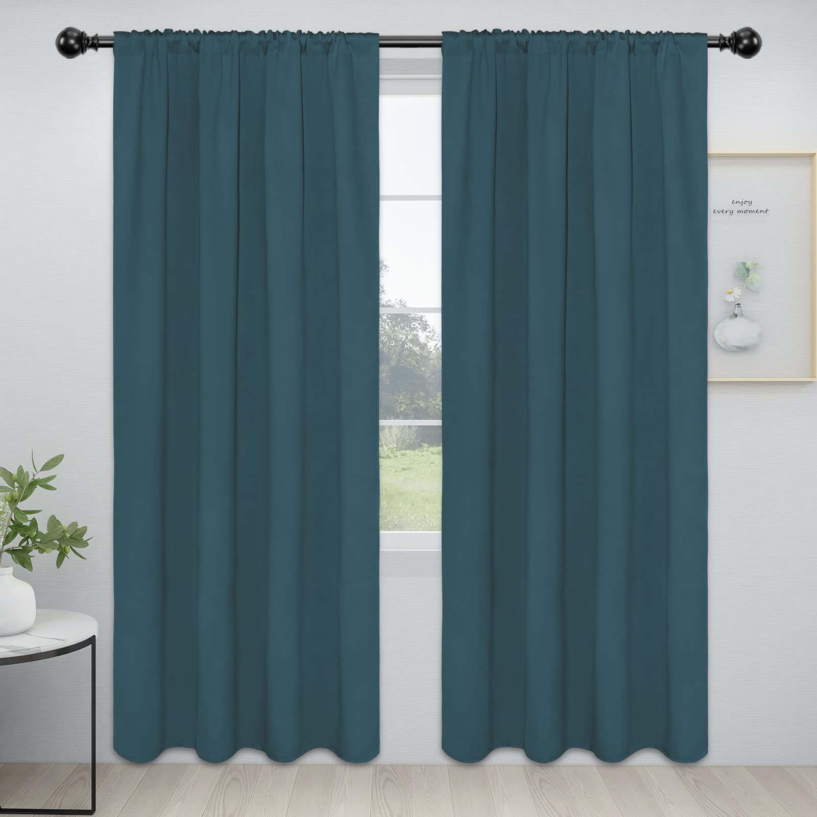 Easy-Going Rod Pocket Blackout Curtains For Bedroom, Room Darkening Window Curtains For Living Room, Thermal Insulated Noise Reduction Solid Window Drapes, 2 Panels(52X96 In, Bluestone)