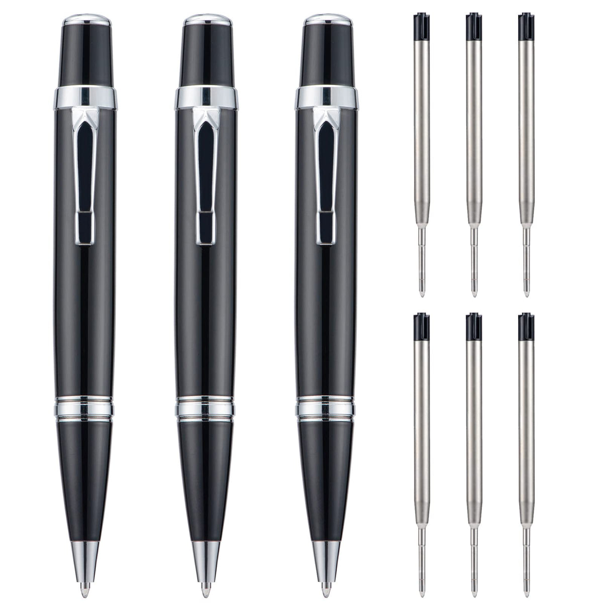 Wikult 3Pcs Mini Ballpoint Pens With Extra Refills Set, 1Mm Medium Point Black Ink, Smooth Writing Metal Pen For Business Office