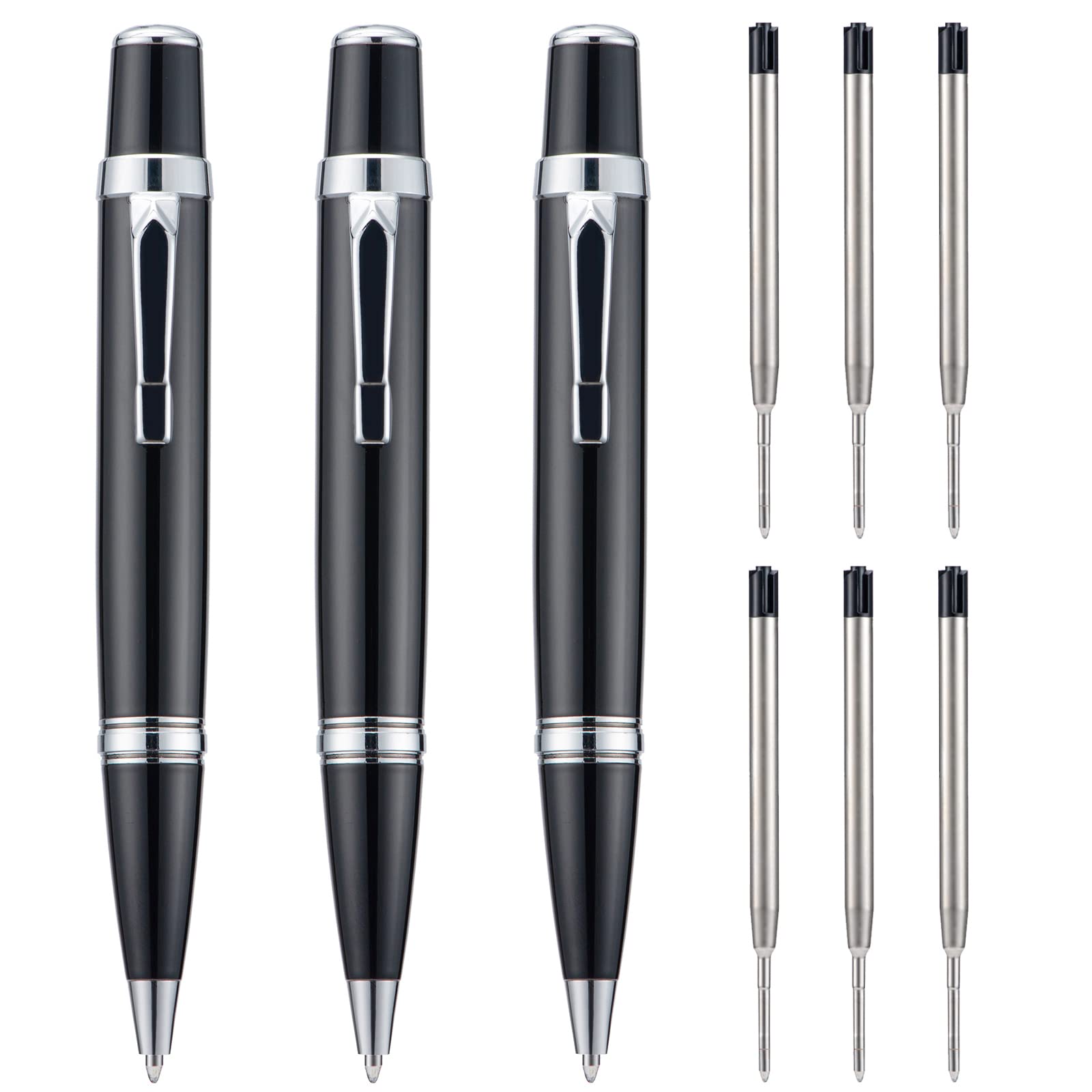 Wikult 3Pcs Mini Ballpoint Pens With Extra Refills Set, 1Mm Medium Point Black Ink, Smooth Writing Metal Pen For Business Office