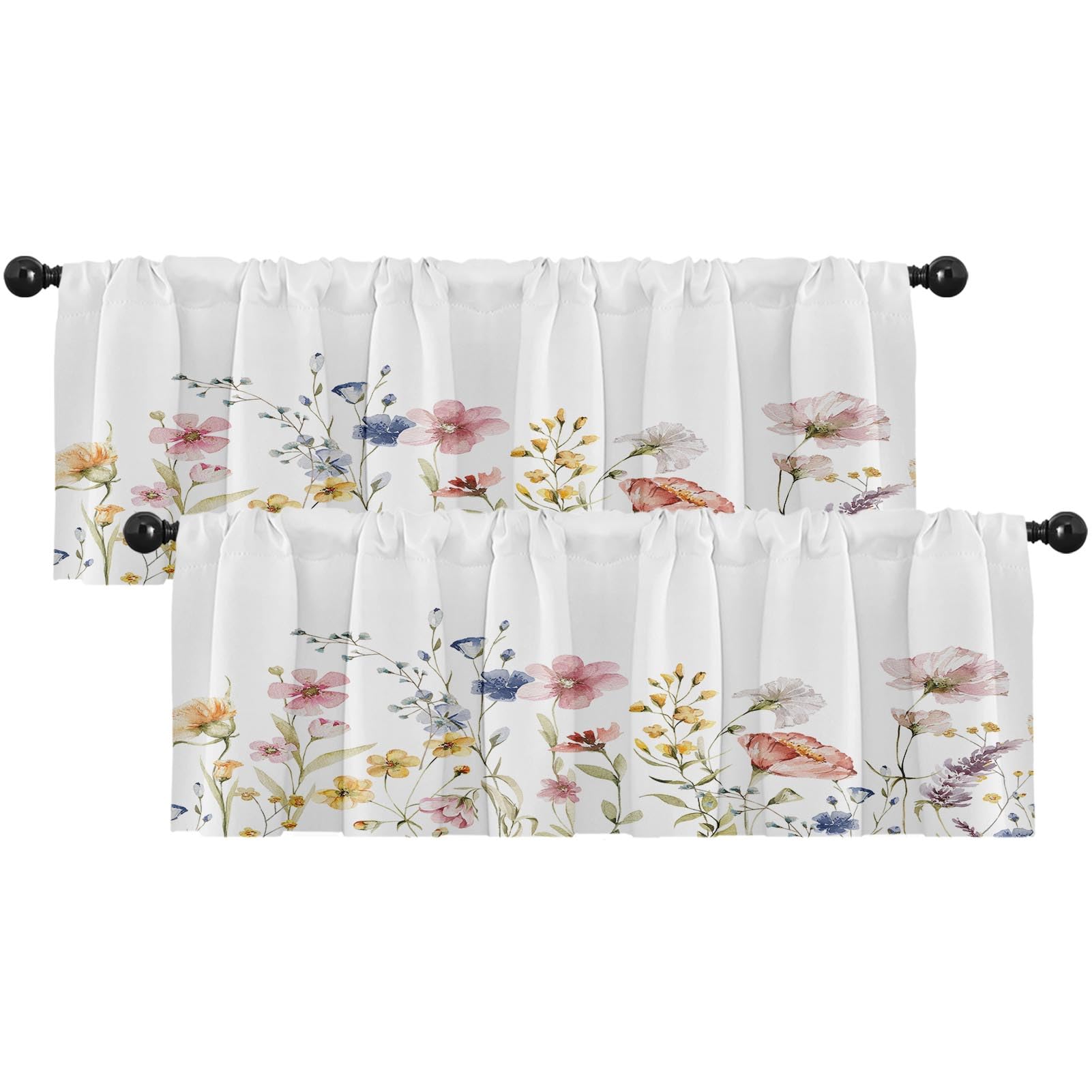 Emvency 2 Pack Valances Window Treatments, Spring Wildflower Flower Blackout Drapes Adjustable Curtain Valances For Windows Livi