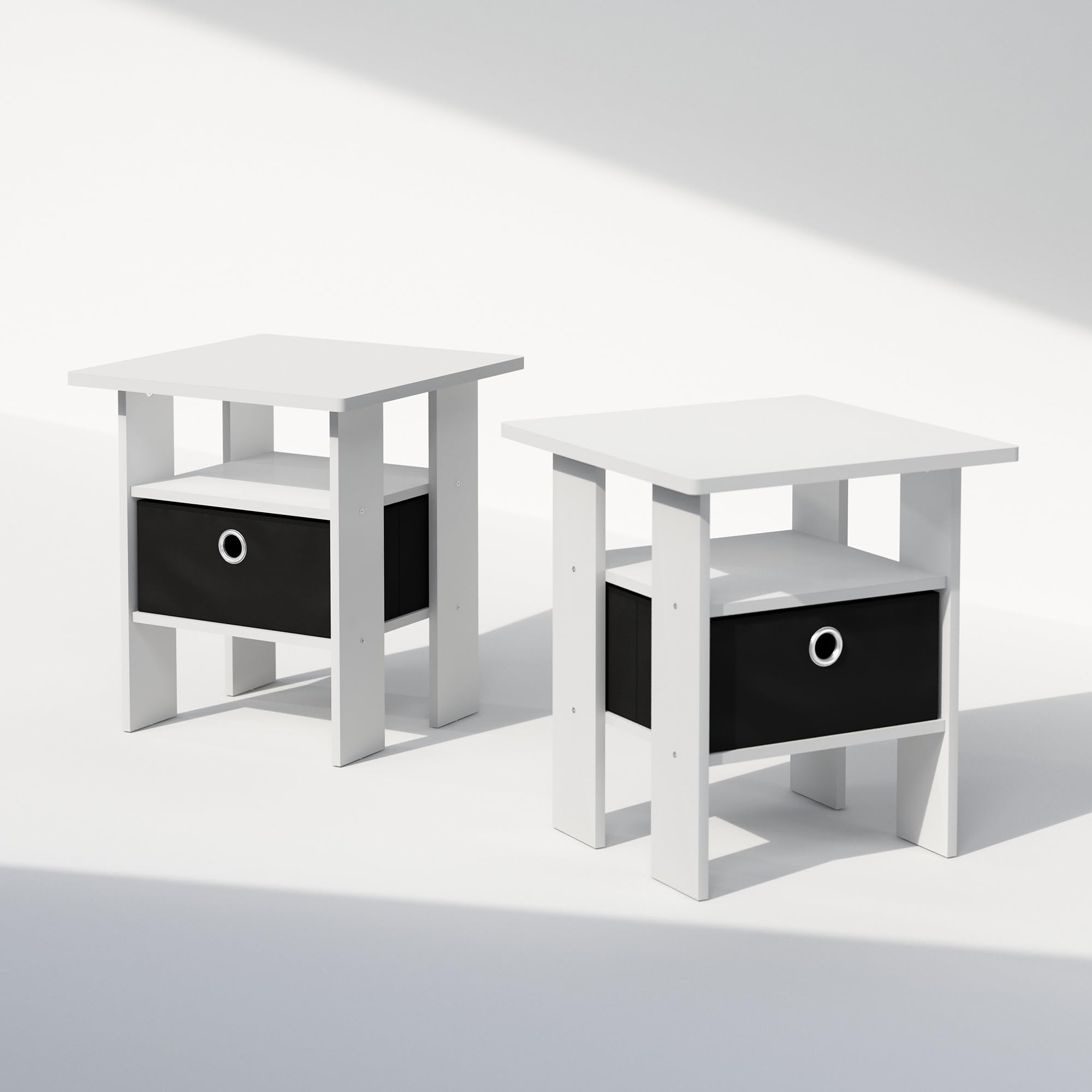 Furinno Tidur Bedside Table Nightstand With Bin Drawer, White/Black, Set Of 2