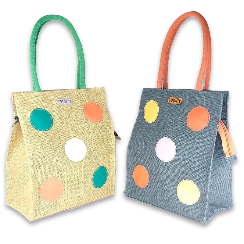 FOONTY Polka Popup Style Jute Lunch Bag Men and Women(Pack of 2,Yellow,Grey,FSSS1901D)