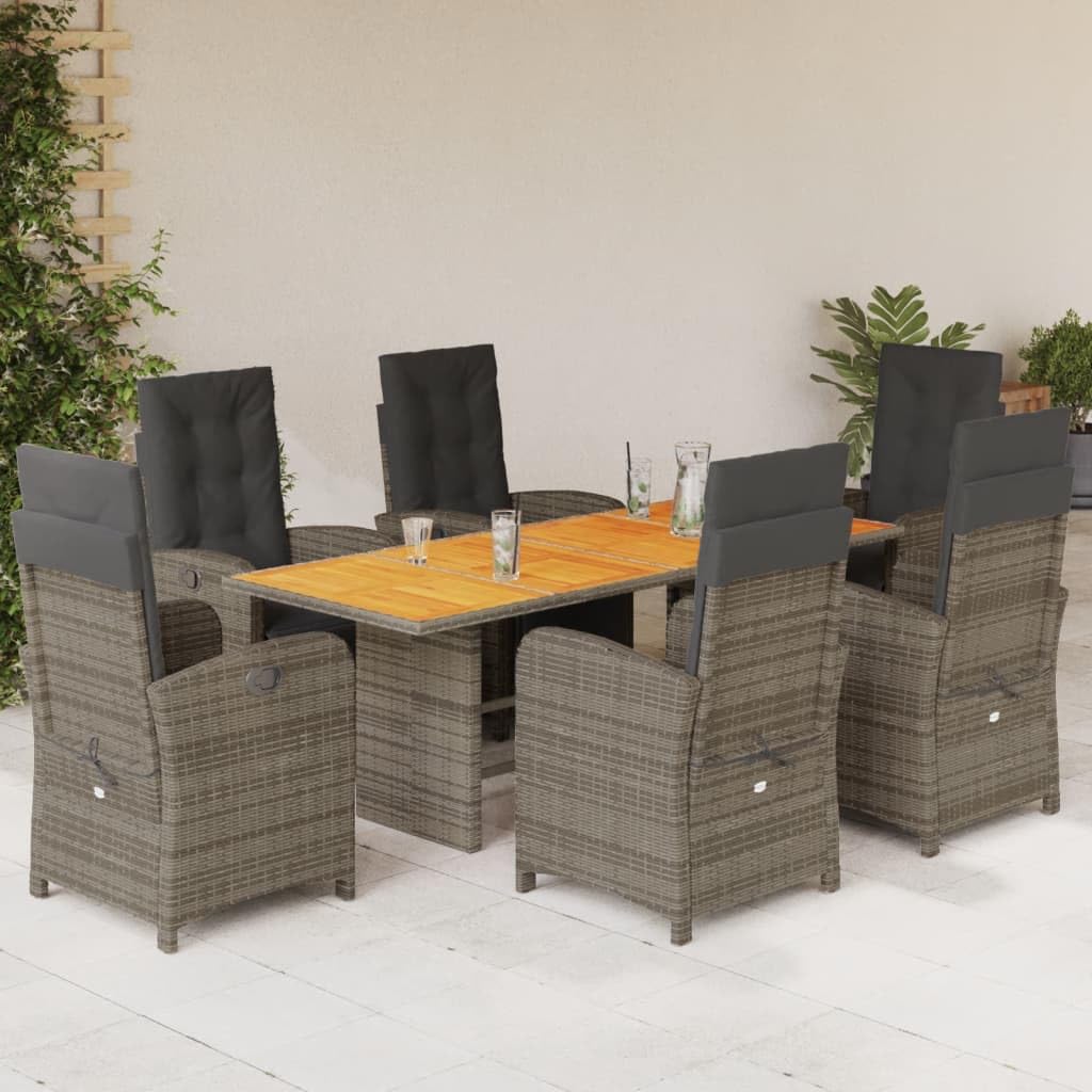vidaXL 7-Piece Poly Rattan Patio Dining Set with Adjustable Recliner Chairs and Acacia Wood Tabletop - Gray Outdoor Furniture for Garden or Balcony