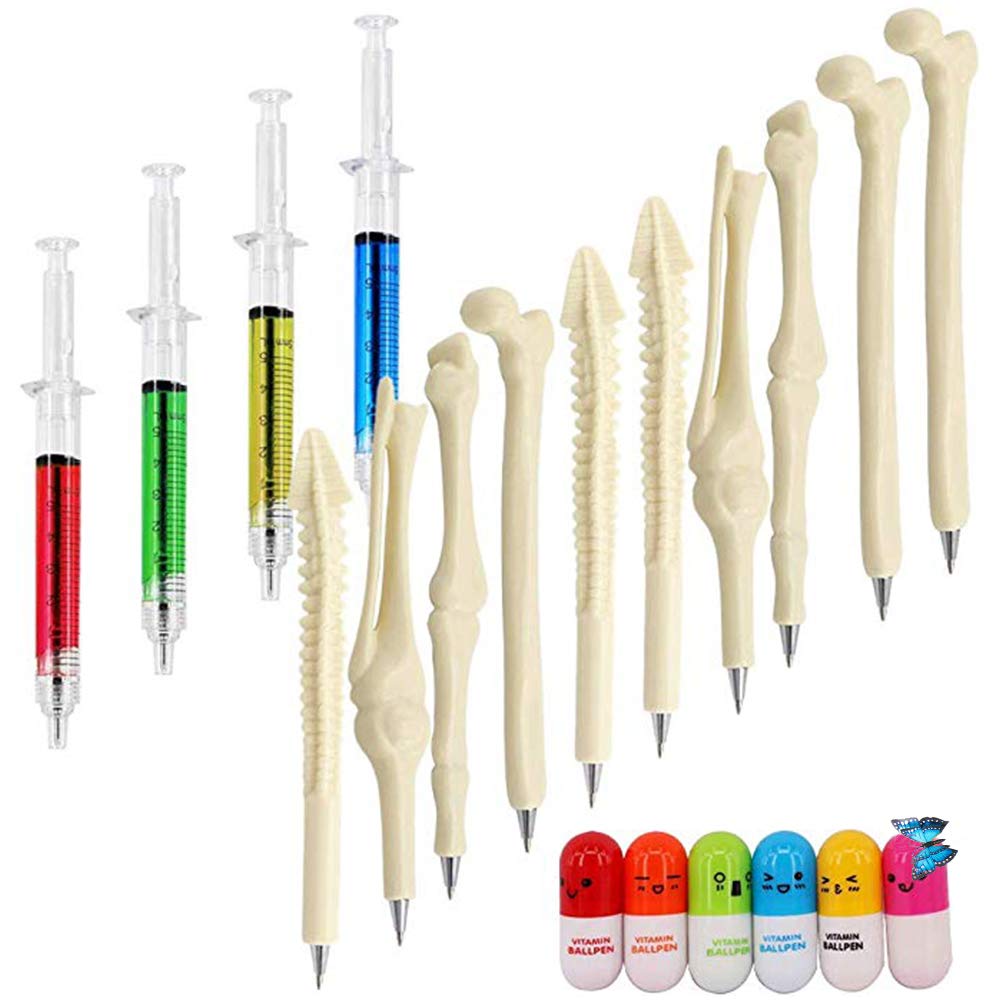 Sunangel 4 Syringe Pens+6 Pill Pens&Capsule Pens+10 Bone Design Ballpoint Pens For Halloween, Thanksgiving, Christmas,New Years