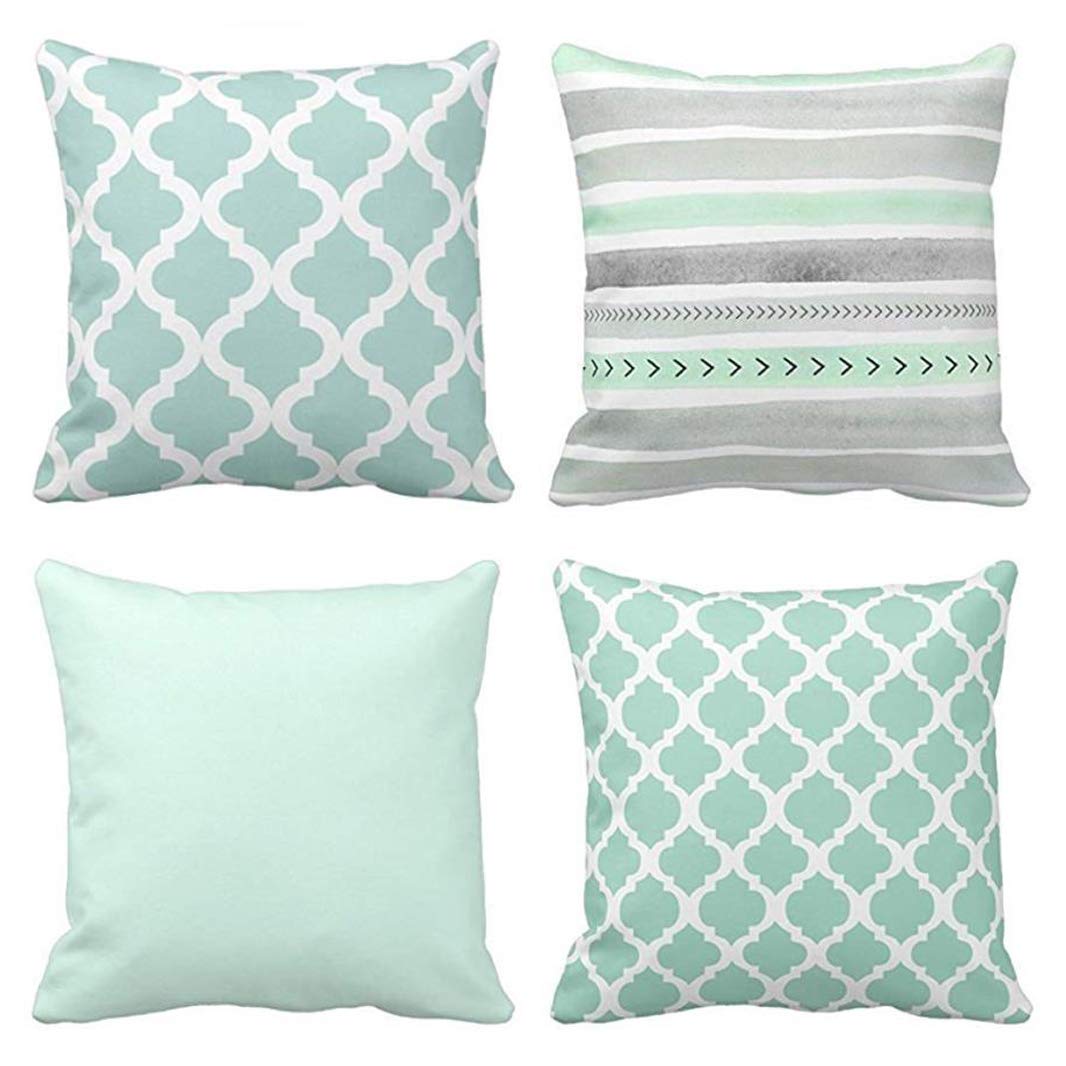 Emvency Set Of 4 Throw Pillow Covers Mint Moroccan Green Quatrefoil Gray Watercolour Stripes Arrows Generic Solid Decorative Bed