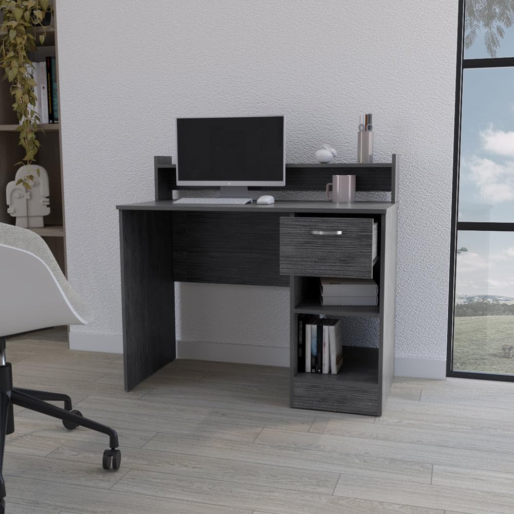 Computer Desk Delmar with Open Storage Shelves and Single Drawer -Smokey Oak