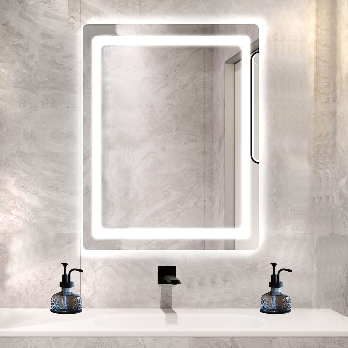 OCTMUSTARD Glass Soap Dispenser for Kitchen & Bathroom, Grey Glass with Black Pump, 3-3/8 x 3-3/8 x 5-1/