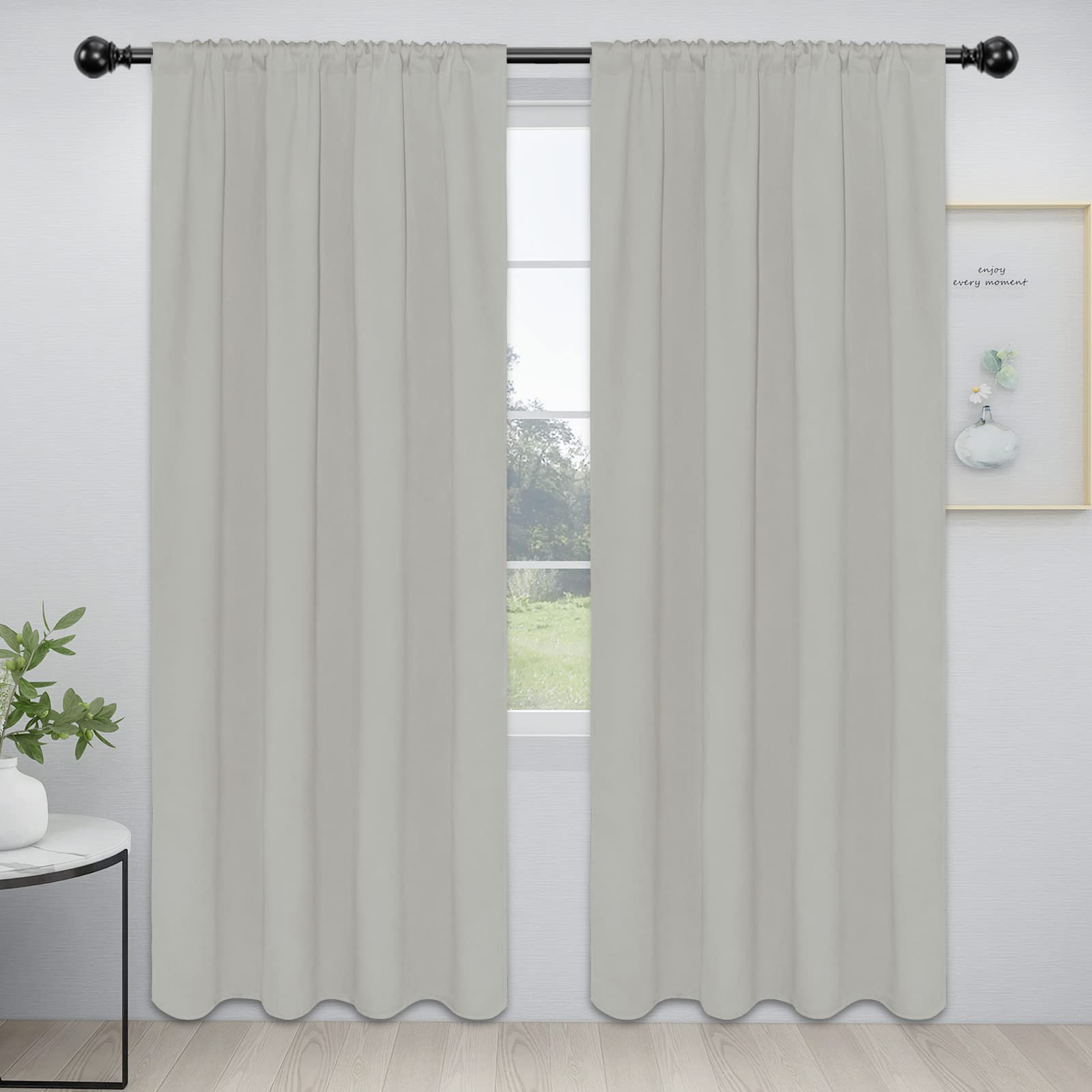 Easy-Going Rod Pocket Blackout Curtains For Bedroom, Room Darkening Window Curtains For Living Room, Thermal Insulated Noise Reduction Solid Window Drapes, 2 Panels(52X84 In, Greyish White)