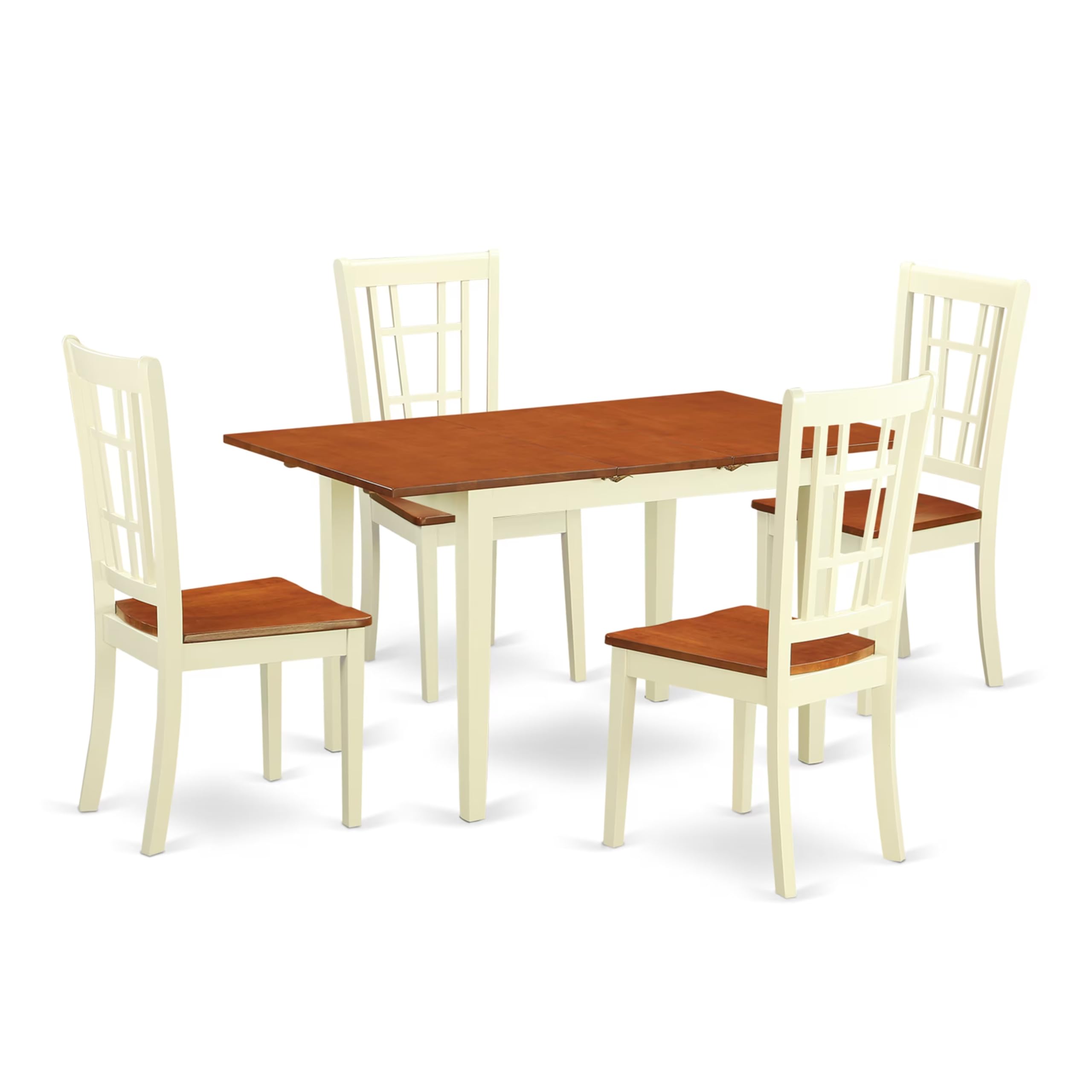 East West Furniture NONI5-WHI-W 5 Piece Kitchen Table Set for 4 Includes a Rectangle Dining Room Table with Butterfly Leaf and 4 Dining Chairs, 32x54 Inch, Buttermilk & Cherry