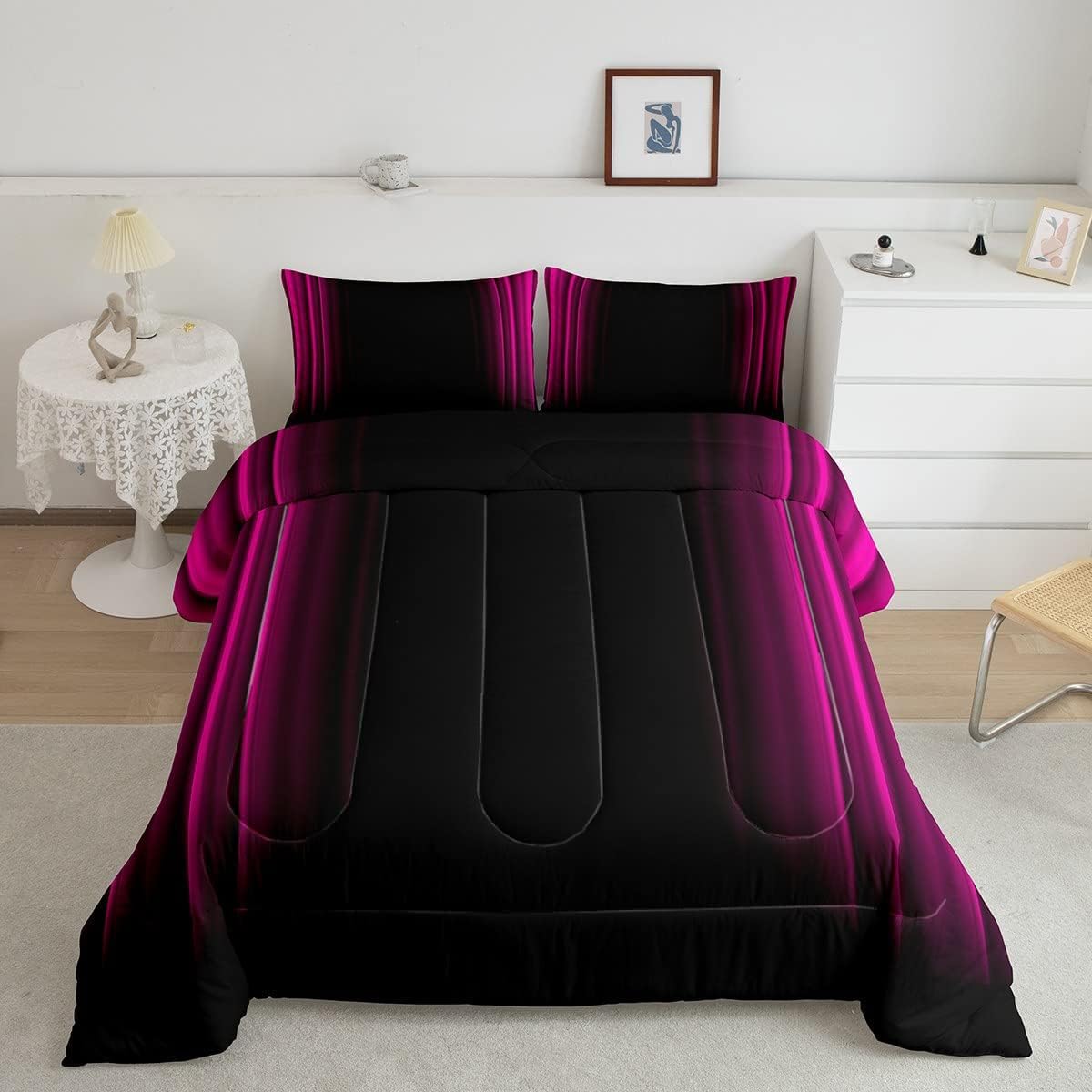 Geometric Abstract Ombre Bedding Bed Set Men Adults Teens Rose Red And Black Striped Comforter Set Kids Boys Girls Simple Modern