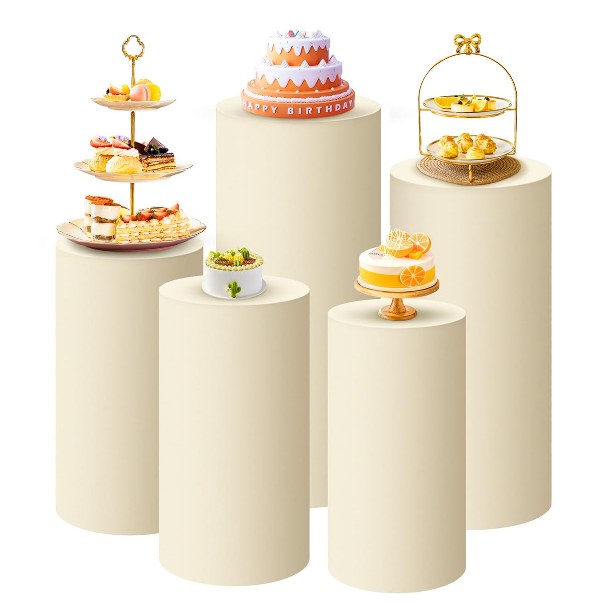 SaitiMade Set of 5 - Beige Cylinder Pedestal Stand Covers, Flexible Cylinder Stand Covers for Party, Wedding or Birthday Event D