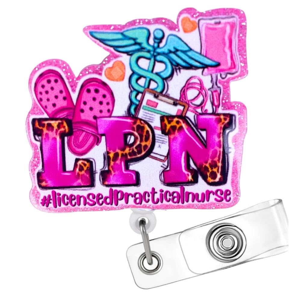 Lpn Badge Reel Holder For Licensed Practical Nurse Retractable With Id Clip; Western Cute Nursing Name Tag Card Pink Alligator C