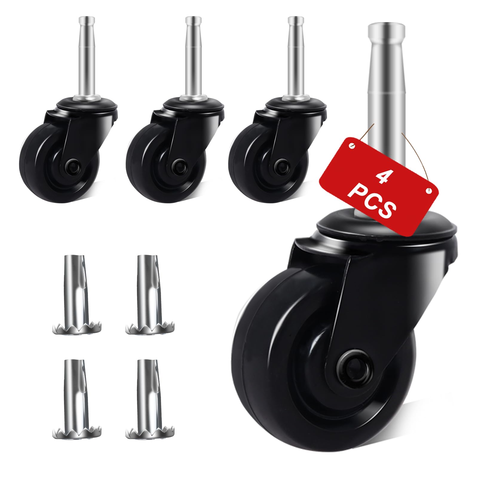 Podoy Antique Brass Casters 1-5/8' With Stem Socket & Rubber Wheels - Universal Fit Replacement Casters For Chairs, Sofas, And