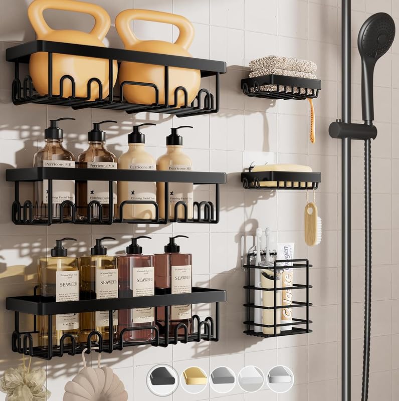 Jialto Stainless Steel Shower Caddy 6Pack, Adhesive Bathroom Shelves Rack With Soap Holder, Large Capacity Organizers And Stora