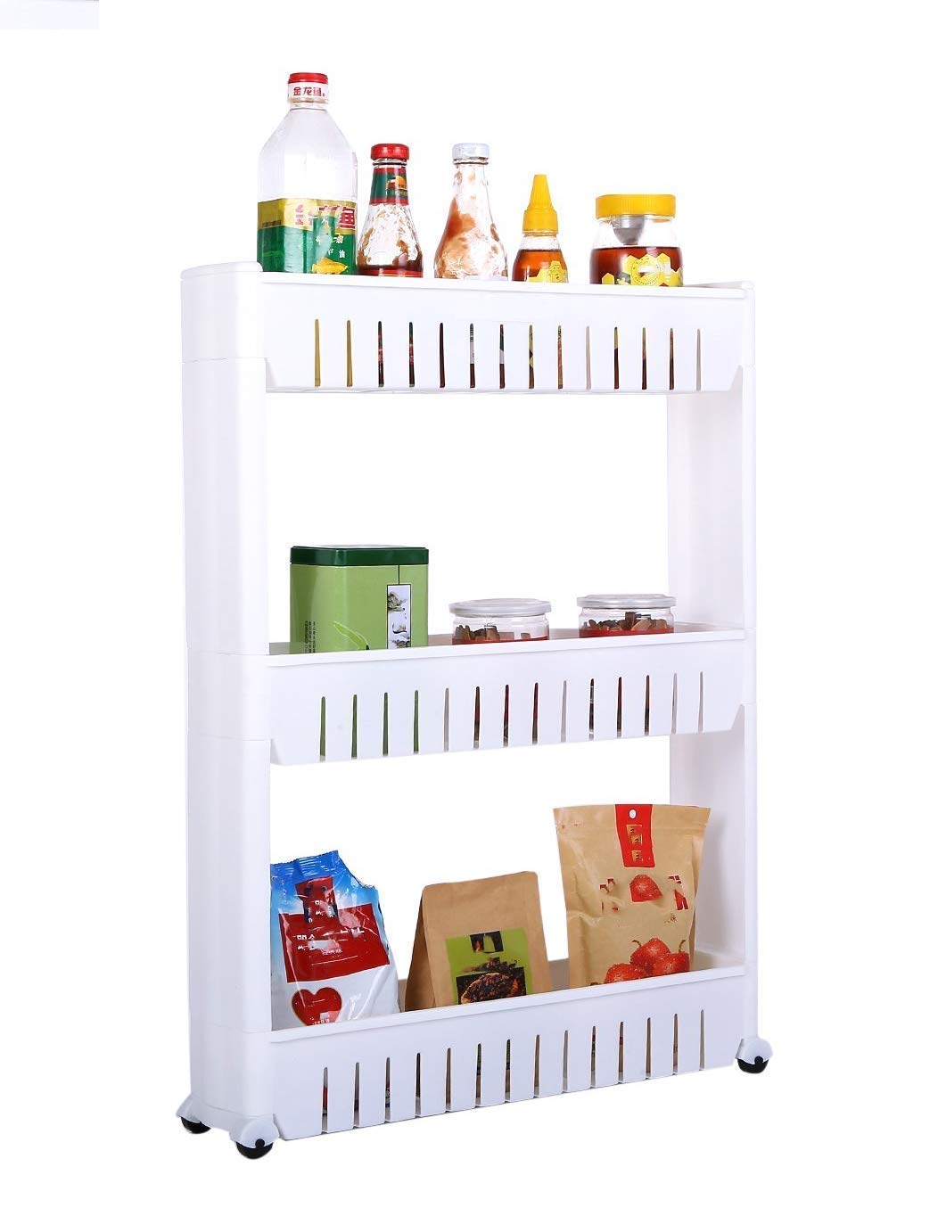 Dhruheer Plastic Kitchen Bathroom 3 Layer Space Saver Food Storage Organizer Basket Rack with Wheels, MultiColour (Made in Indi
