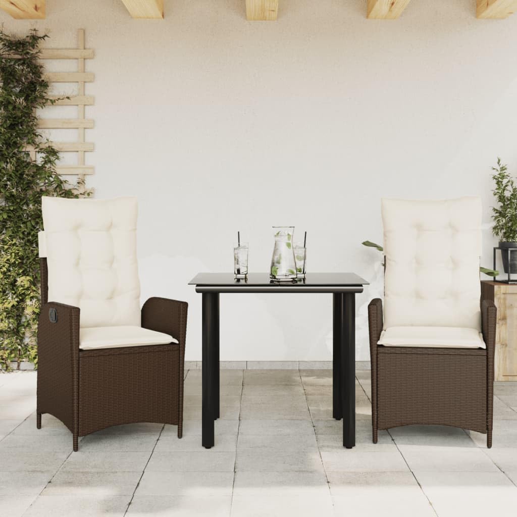 vidaXL 3 Piece Patio Dining Set - Brown PE Rattan - Reclining Garden Chair with Adjustable Backrest - Cushions Including Removable Covers - Square Tempered Glass Tabletop - Garden, Backyard, Patio