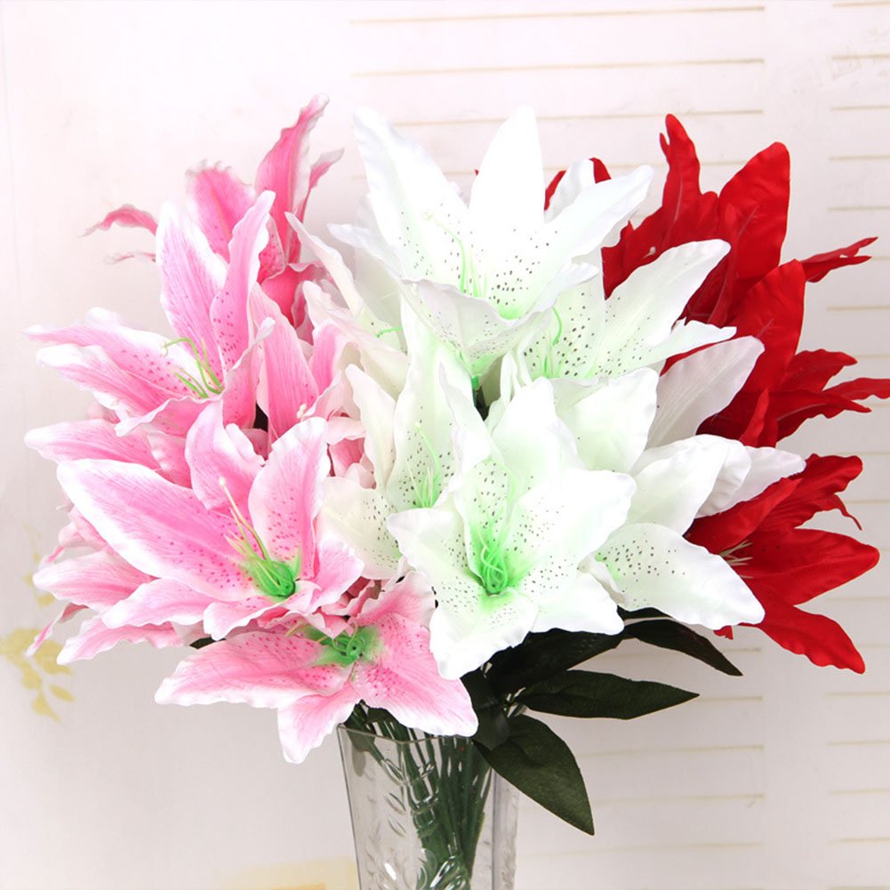 Artfen Artificial Lily 10 Heads Fake Lily Artificial Flower Wedding Party Decor Bouquet Home Hotel Office Garden Craft Art Decor