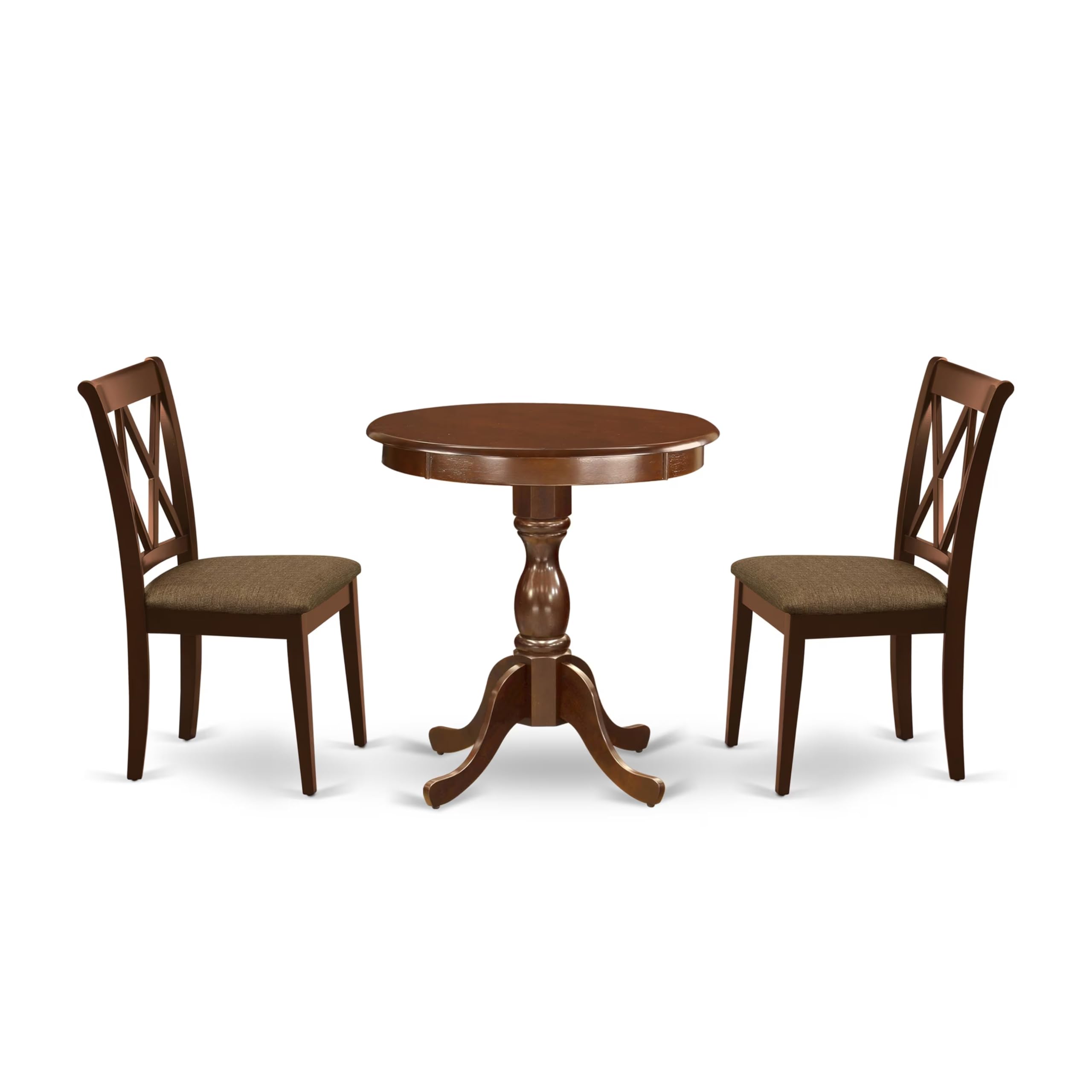 East West Furniture Escl3-Mah-C 3 Piece Dining Room Table Set Contains A Round Kitchen Table With Pedestal And 2 Linen Fabric Upholstered Dining Chairs, 30X30 Inch, Mahogany