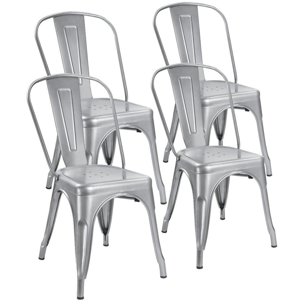 Devoko Metal Indoor-Outdoor Chairs Distressed Style Kitchen Dining Chairs Stackable Side Chairs With Back Set Of 4 (Silver)