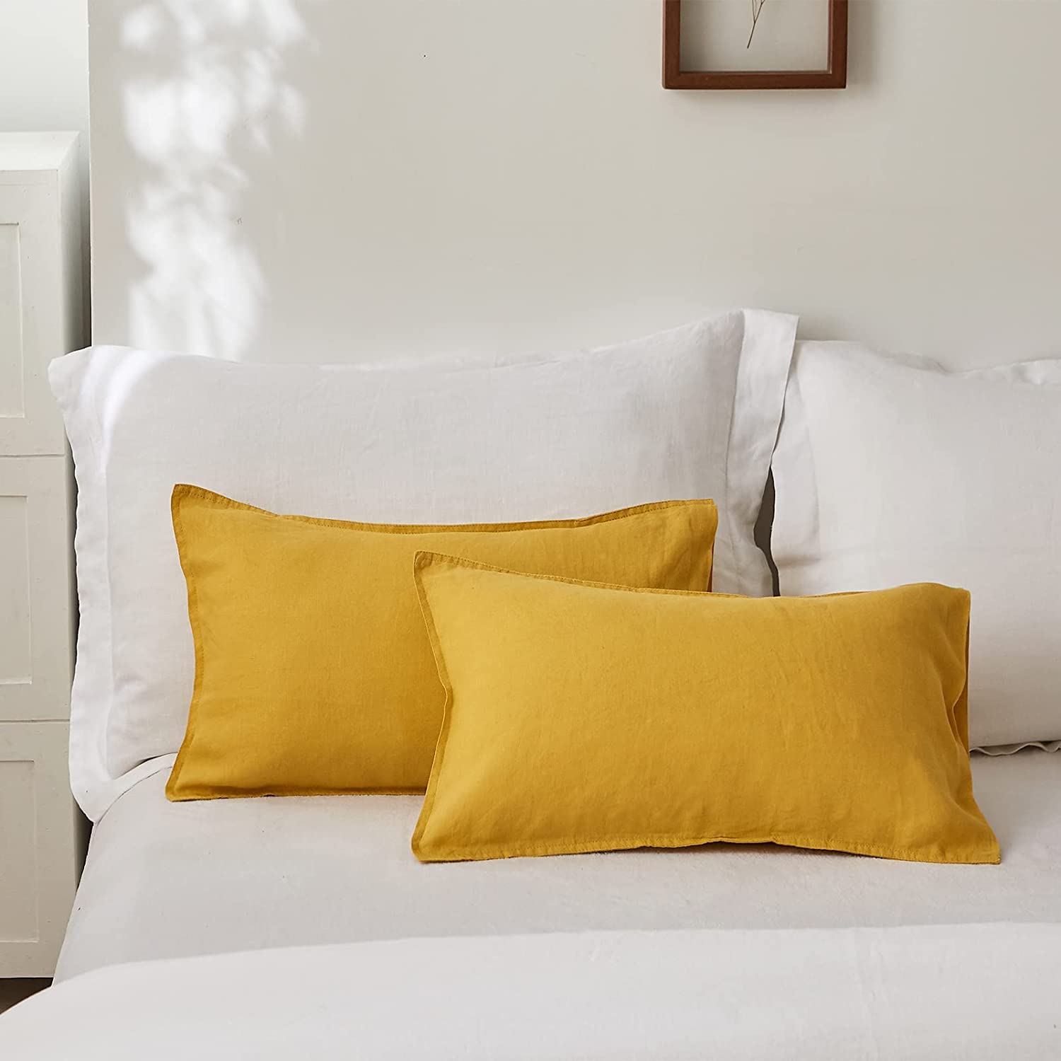 Simple&Opulence 100% Linen Lumbar Pillow Cover 12 X 20 Inches Set Of 2 Rectangular Decorative Throw Cushion Cover For Couch Sofa Bed Living Room Office Soft Breathable Farmhouse - Mustard Yellow