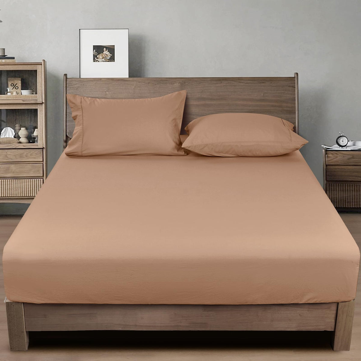 PHF 100% Washed Cotton Fitted Sheet King Size - Linen Like Cozy Soft Bottom Sheet Only with Elastic 16'' Deep Pockets, Easy Fit 