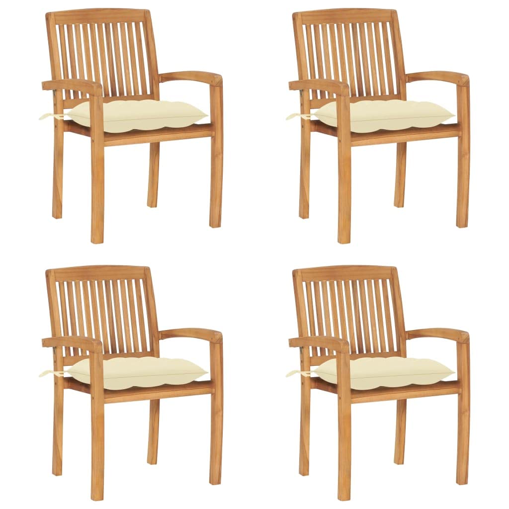 vidaXL 4X Solid Teak Wood Stacking Patio Chairs with Cushions Garden Outdoor Balcony Backyard Terrace Lounge Dinner Dining Seating Home Furniture