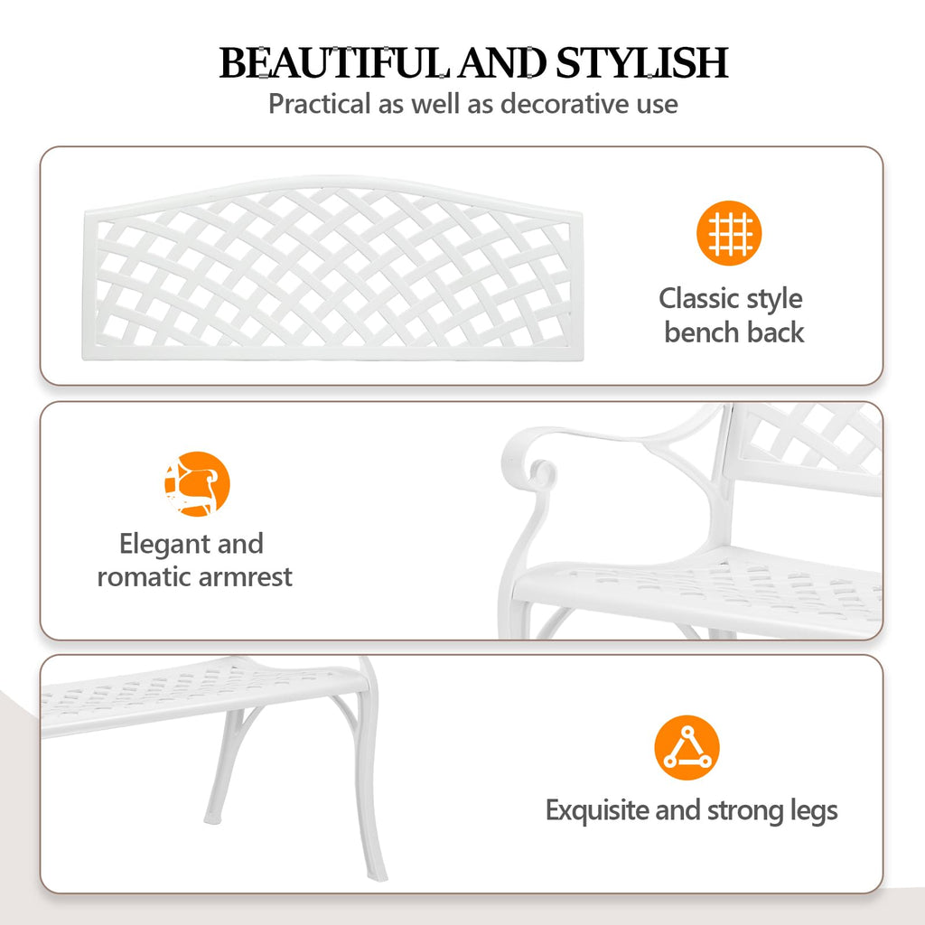 Vingli 40.5' Outdoor Bench Patio Garden Bench, Anti- Rust Cast Aluminum Patio Bench Front Porch Bench For Yard Lawn Entryway Deck (White)
