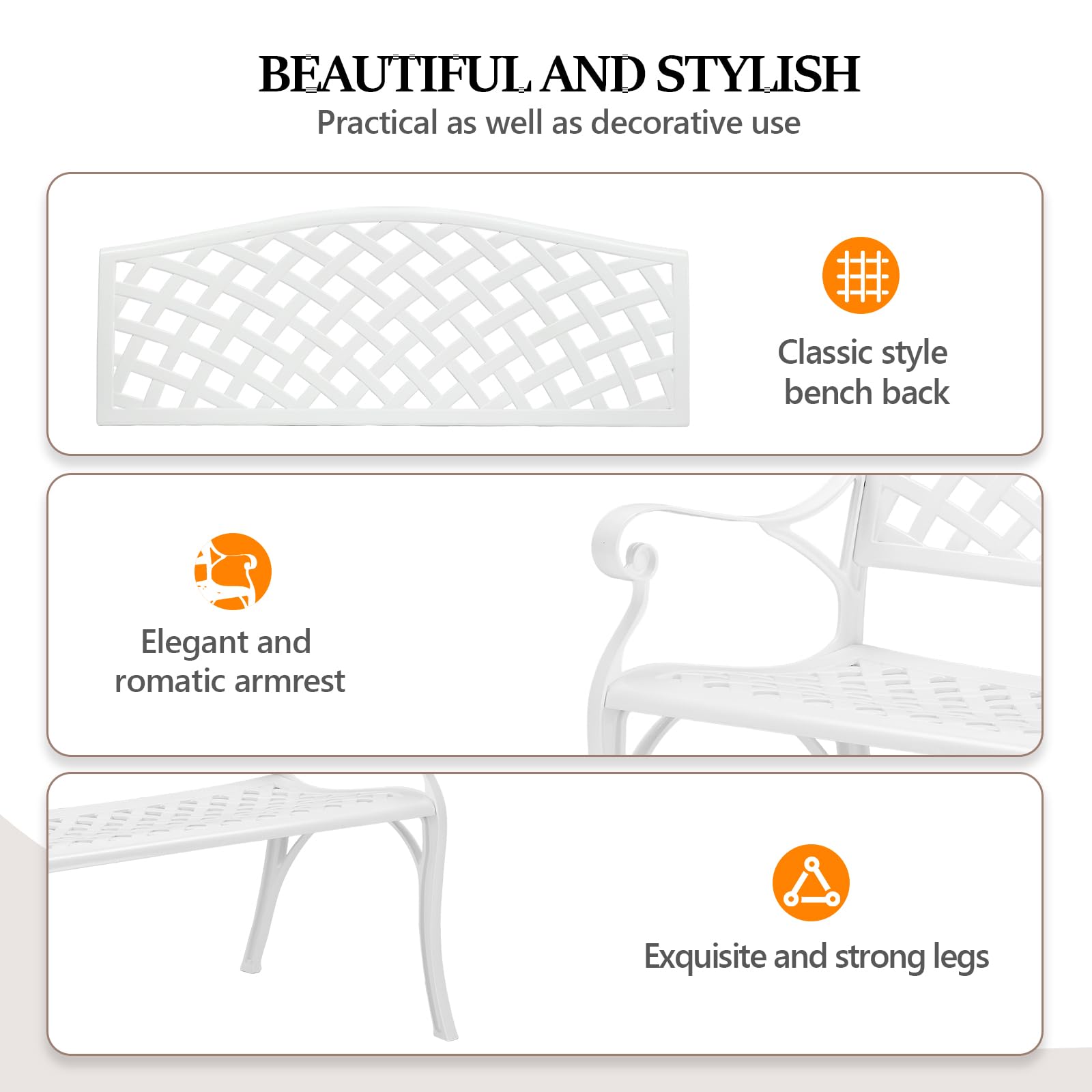 Vingli 40.5' Outdoor Bench Patio Garden Bench, Anti- Rust Cast Aluminum Patio Bench Front Porch Bench For Yard Lawn Entryway Deck (White)
