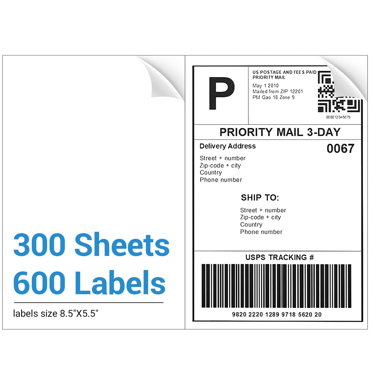 Half Sheet Self Adhesive Shipping Labels For Laser And Inkjet Printers (600 Labels, Pack Of 3)