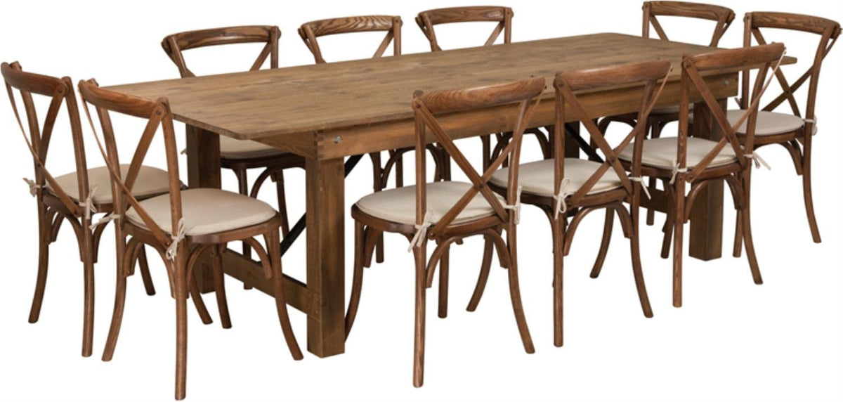 Flash Furniture HERCULES Series 8' x 40'' Antique Rustic Folding Farm Table Set with 10 Cross Back Chairs and Cushions