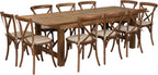 Flash Furniture HERCULES Series 8' x 40'' Antique Rustic Folding Farm Table Set with 10 Cross Back Chairs and Cushions