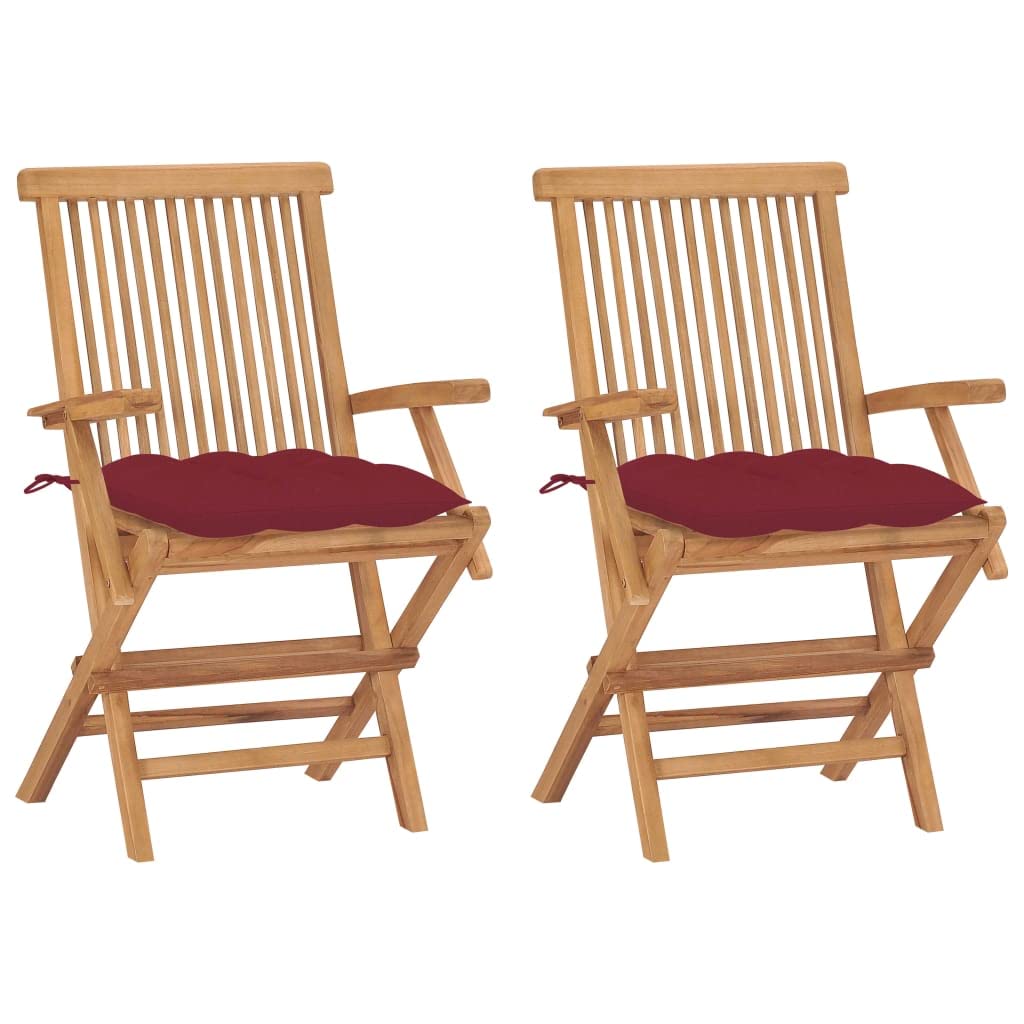 Vidaxl Solid Teak Wood Patio Chairs With Wine Red Cushions – Folding Garden Lounge Seating – 2X Outdoor Foldable Furniture Set