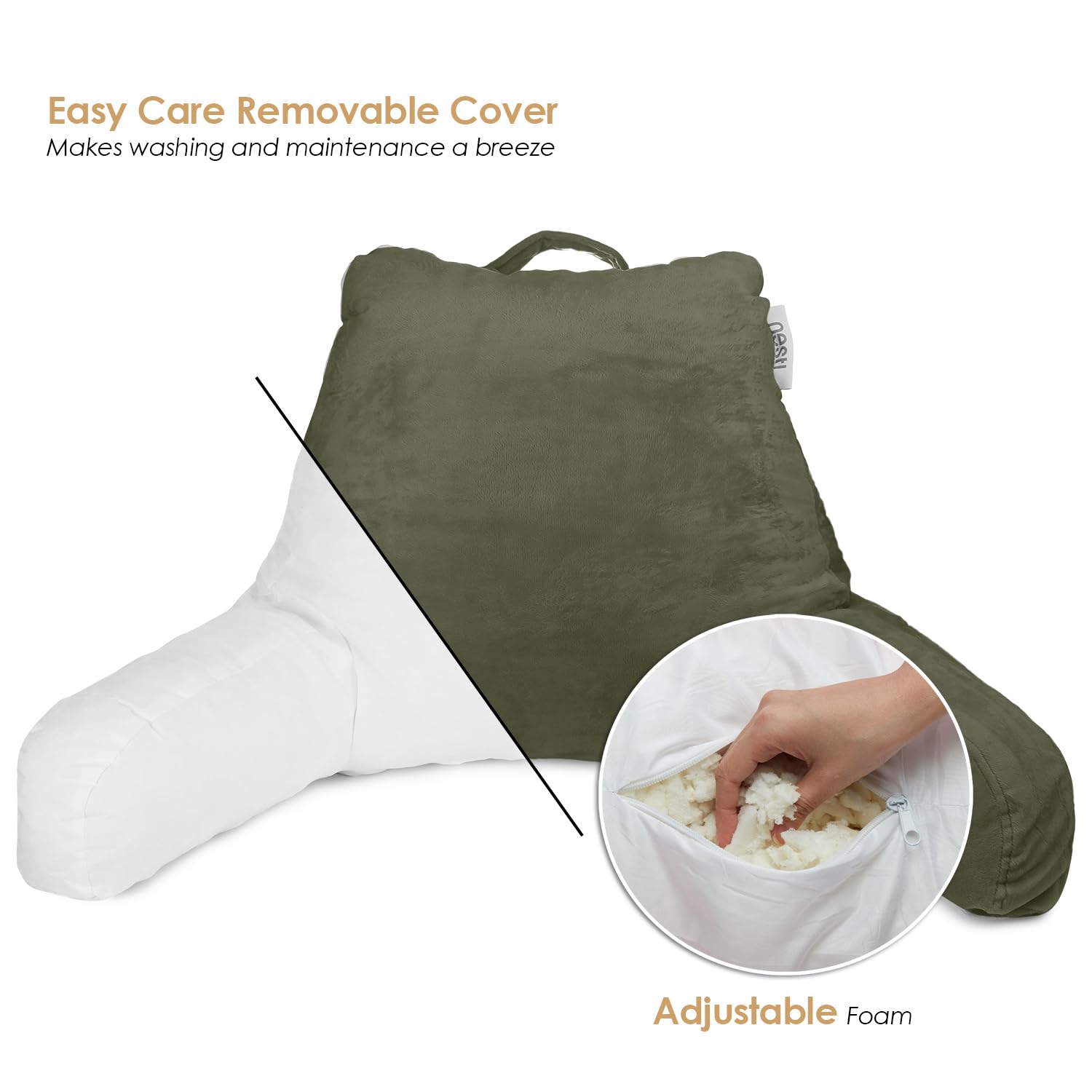Nestl Reading Pillow For Kids, Small Bed Pillow, Back Pillow For Sitting In Bed, Memory Foam Chair Pillow, Reading & Bed Rest Pillows, Olive Green Back Pillow For Bed, Arm Pillow With Pockets
