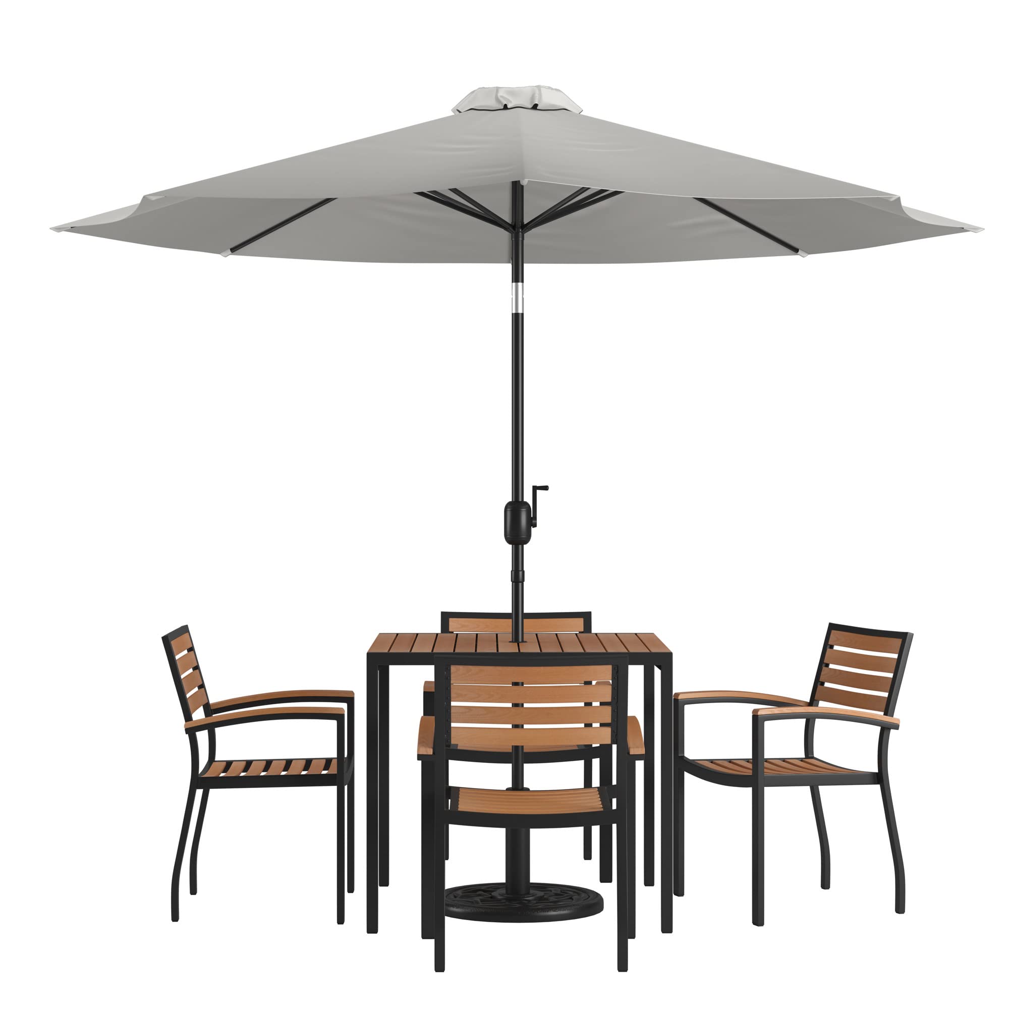 Flash Furniture Lark 7 Piece Outdoor Patio Dining Table Set - 4 Synthetic Teak Stackable Chairs with Arms - 35&quot; Square Table - Gray Umbrella with Base