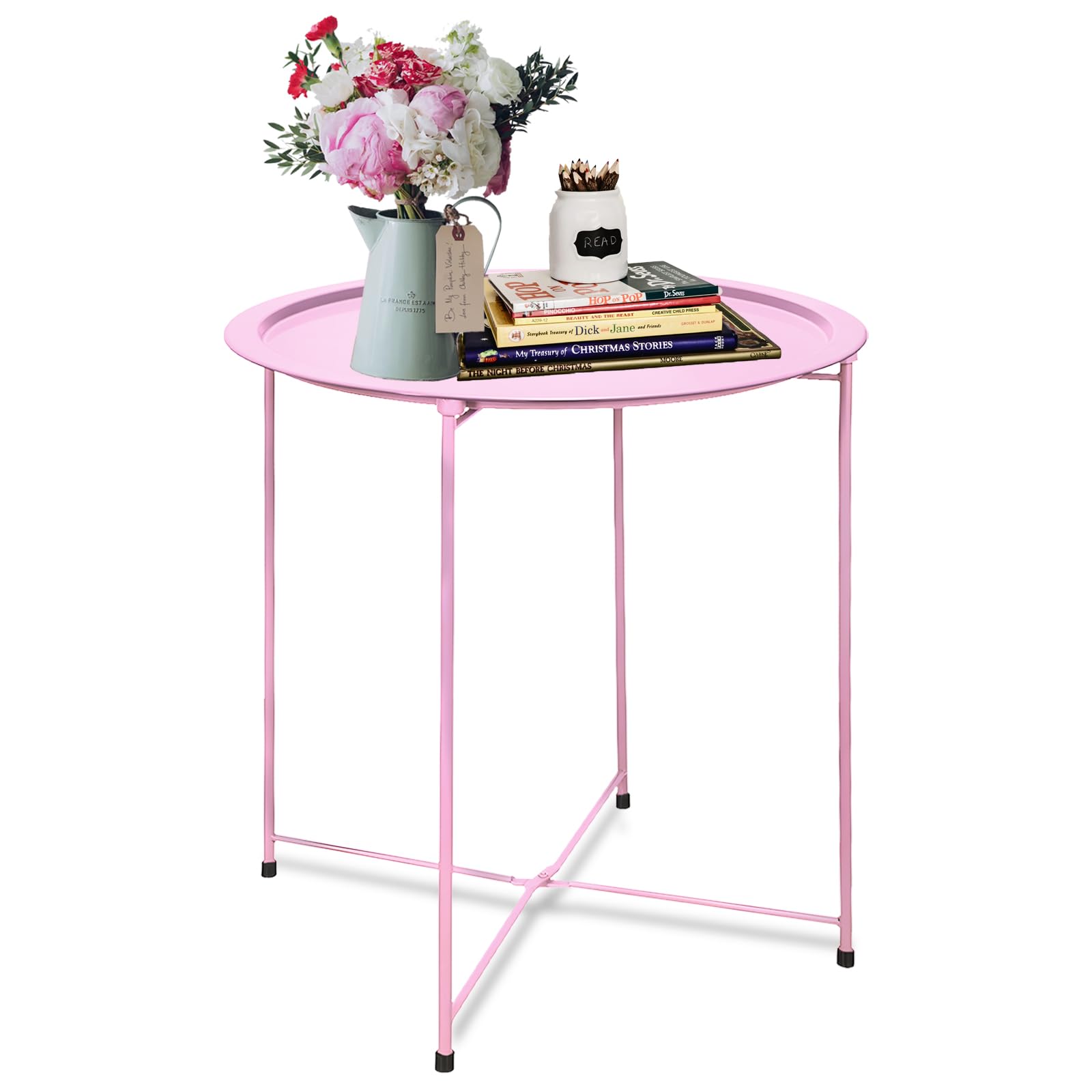 Garden 4 You End Table Outdoor Side Table, Small Patio Table Metal Side Table, Round Folding Side Table, For Outdoor And Living Room,Pink