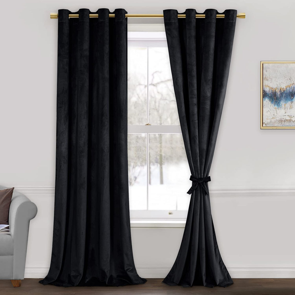 Jiuzhen Black Velvet Curtains For Living Room - 90 Inches Long Thermal Insualted Room Darkening Window Blackout Drapes For Bedro