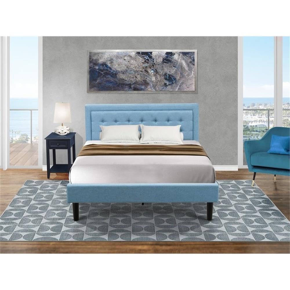 East West Furniture FN11Q-1DE15 2-Piece Fannin Queen Bedroom Set with 1 Wood Queen Bed Frame and an End Table for bedroom - Denim Blue Linen Fabric
