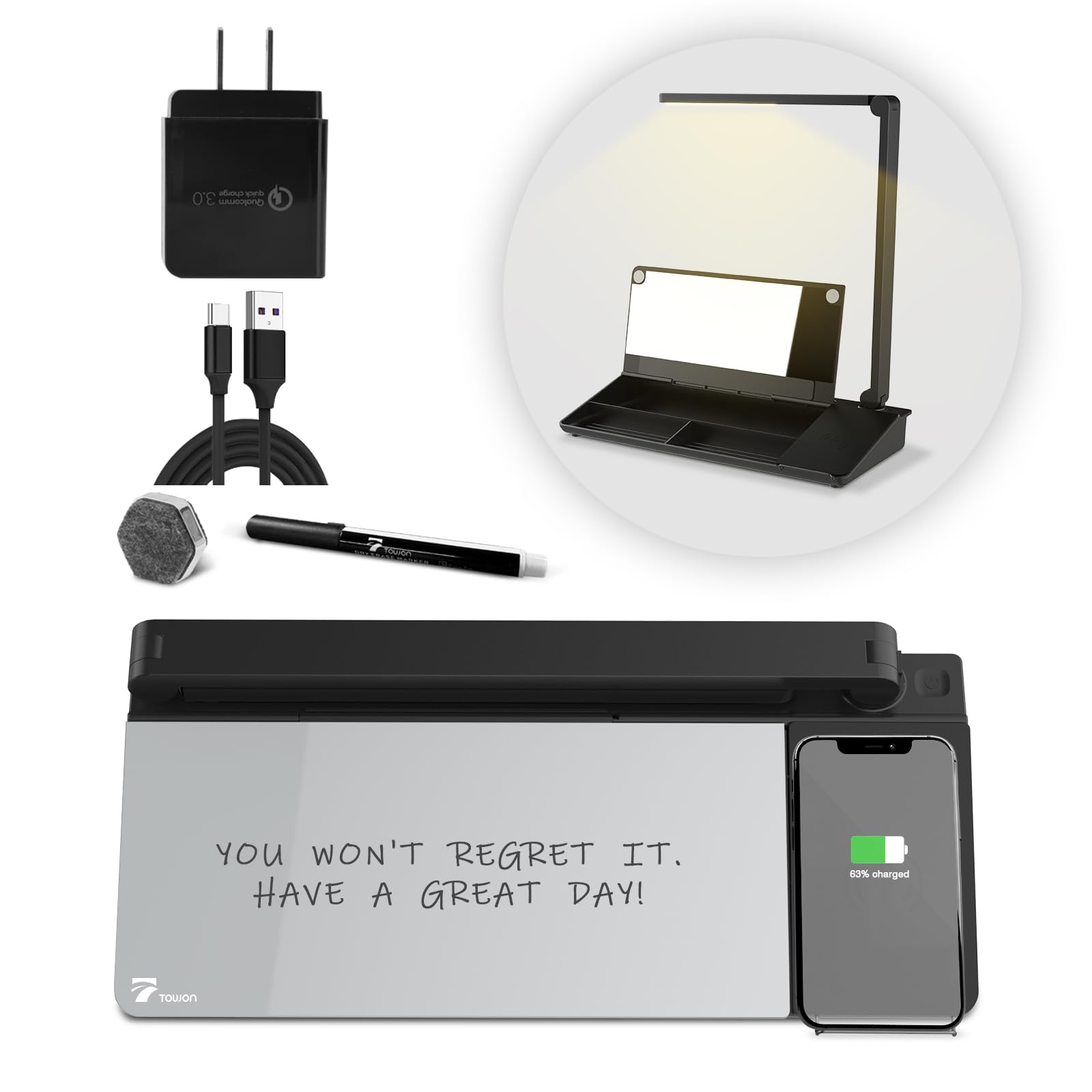 Small Desk Whiteboard - Glass Dry Erase White Board- Desk Computer Buddy With Fast Charger Charging Station, Desk Board Buddy Wi