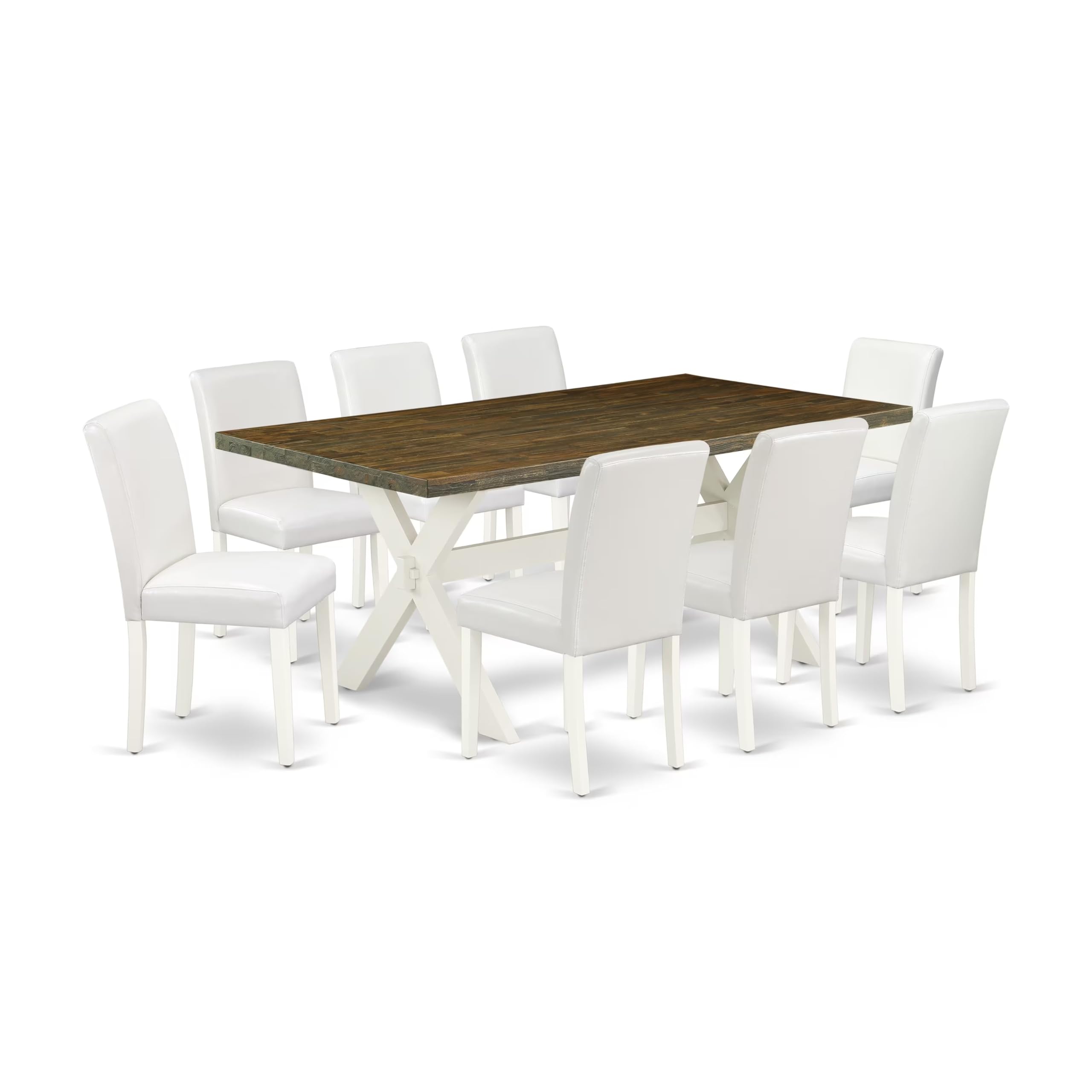 East West Furniture X077Ab264-9 9 Piece Dining Room Furniture Set Includes A Rectangle Dining Table With X-Legs And 8 White Faux Leather Upholstered Chairs, 40X72 Inch, Multi-Color
