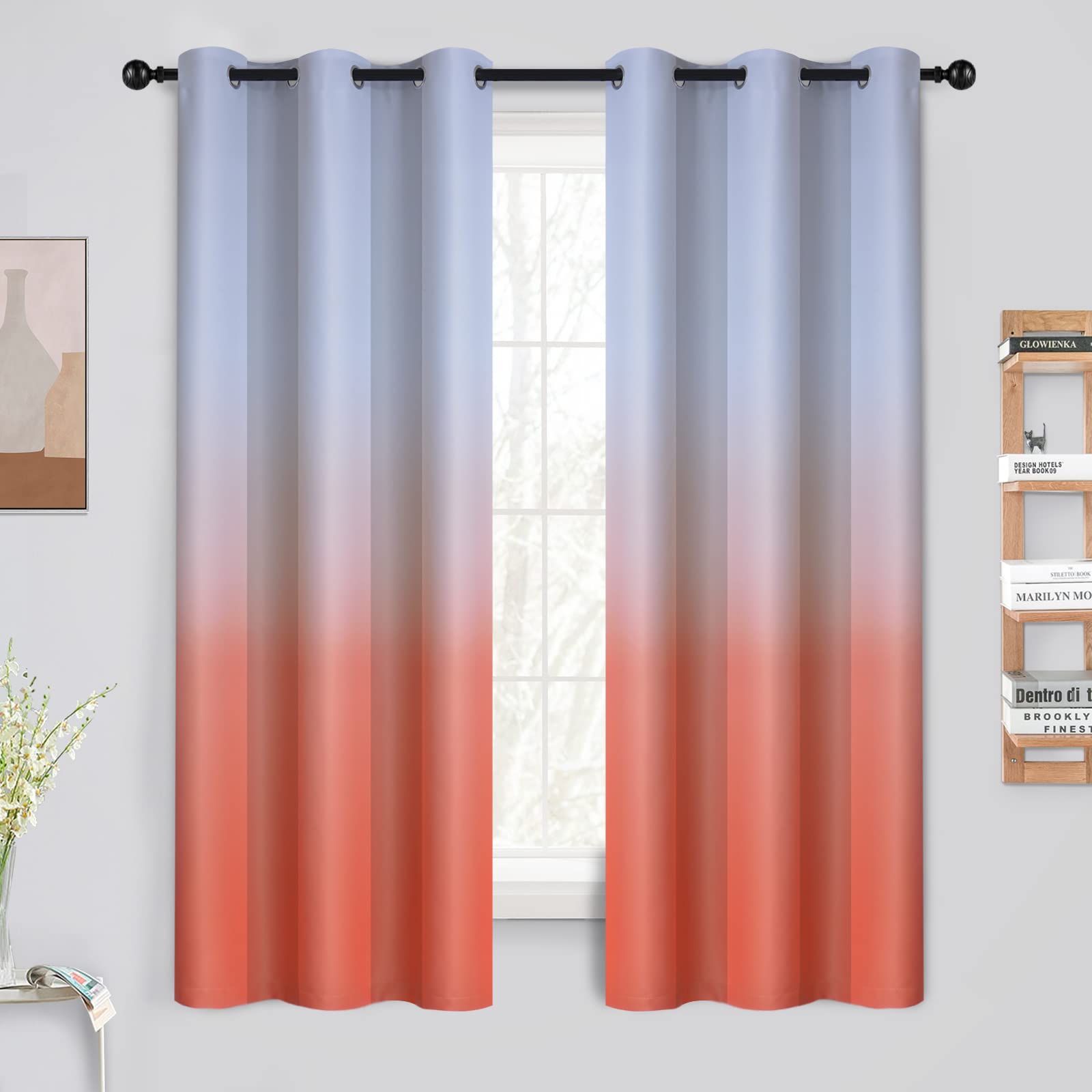 Yakamok Ombre Curtains Light Blocking Gradient Color Curtains,Coral And Greyish White Room Darkening Thermal Insulated Grommet W